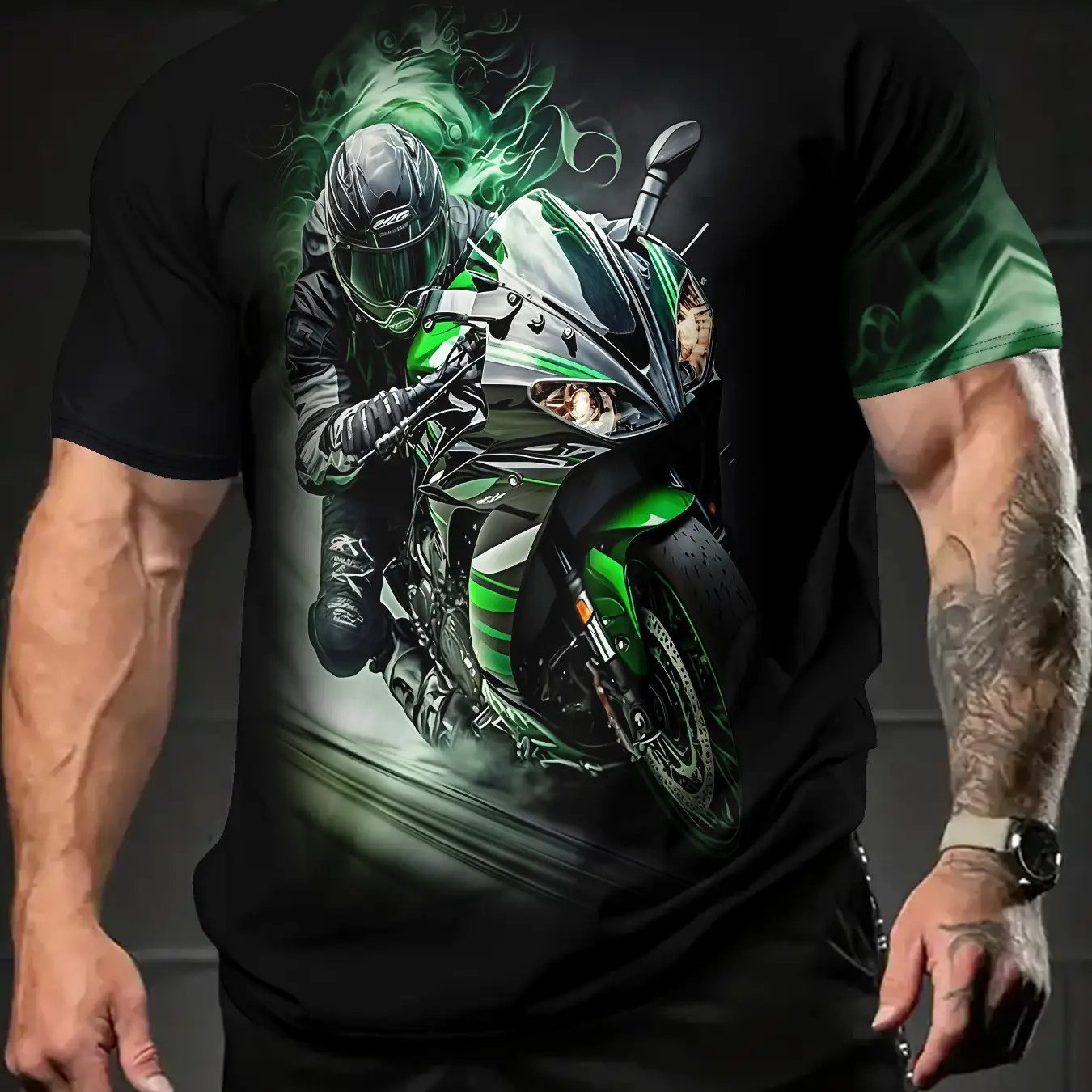 TEMU Men's Motorcycle Pattern T-shirt, Neon And Print Design - Breathable Round Neck Short Sleeve Casual Fitness Apparel, Motorcycle Enthusiast