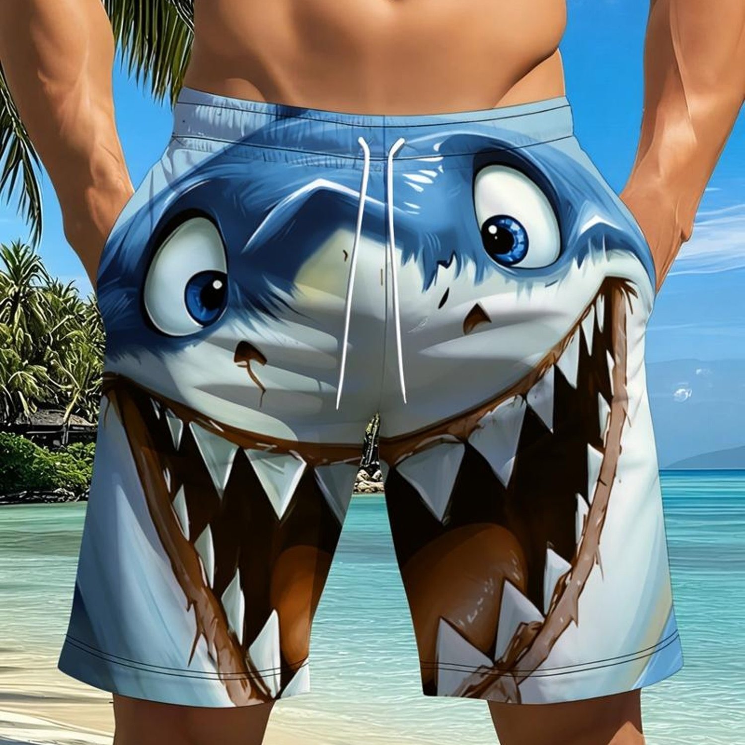 TEMU Costume da bagno da con squalo cartone animato, tessuto in poliestere, colori misti, disponibile in misure, stile spiaggia con scene tropicali,