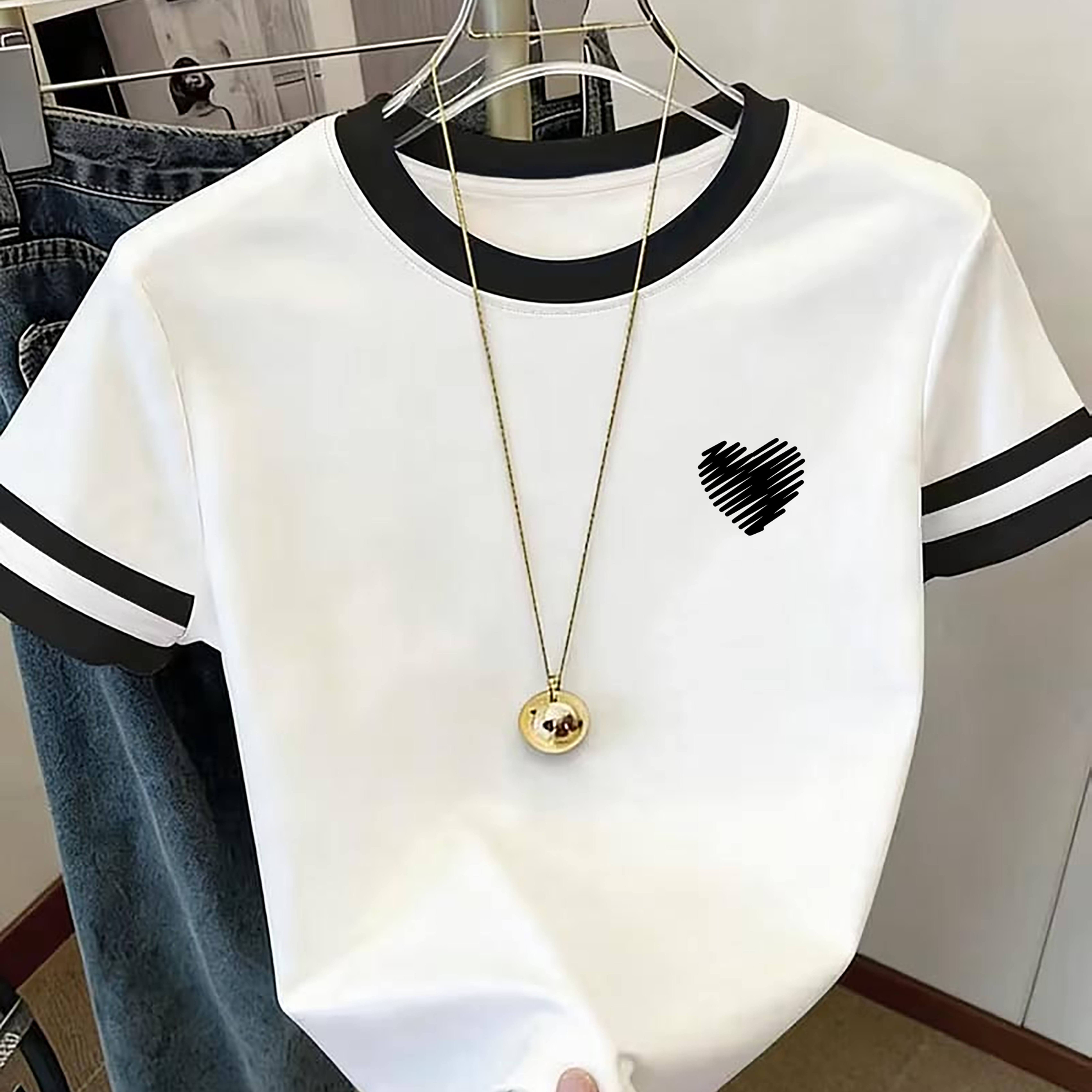 TEMU Color Block Striped Trim Heart Pattern Print T-shirt, Round Neck Versatile Top, Temperament Summer Women's Clothing, With A Easy And Refreshing