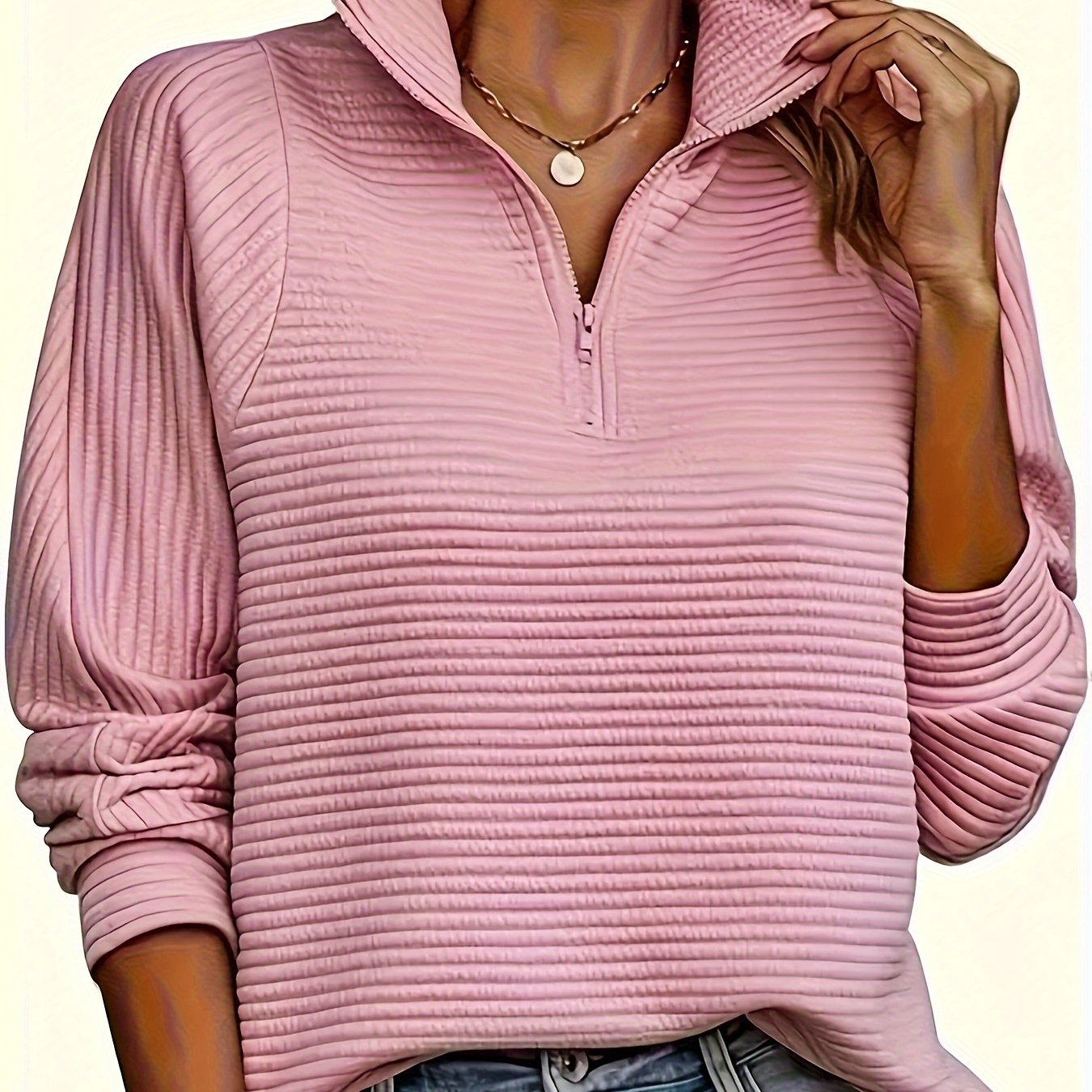 TEMU Solid Color Zipper Textured Sweatshirt, Casual Long Sleeve For Spring & Fall, Women's Clothing