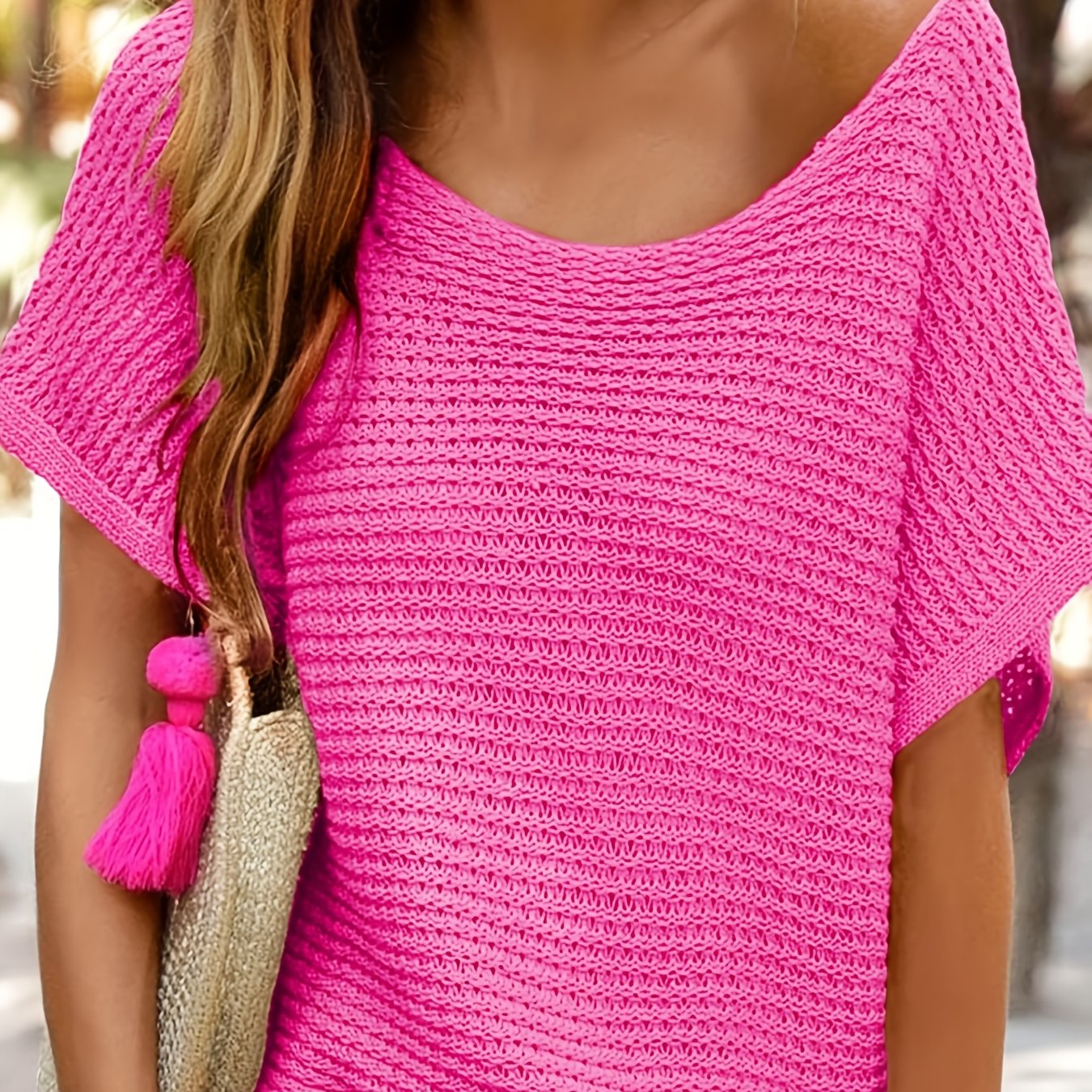 Women' Color Loose Cropped Sweater Cap Sleeve Casual Top For Spring And Summer