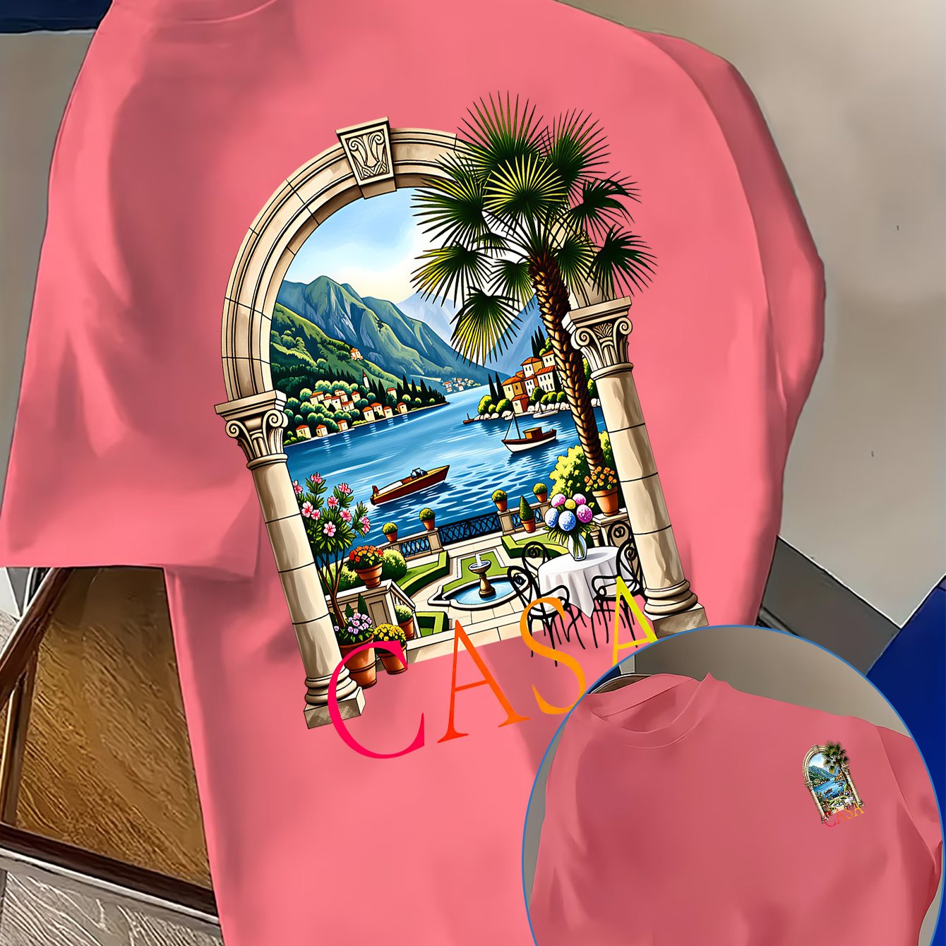 TEMU Italian Arch Scenery Men's Casual T-shirt, Versatile And Stylish Short Sleeve, 's Top, Trendy Outfit With A Unique Niche Design, European And ,