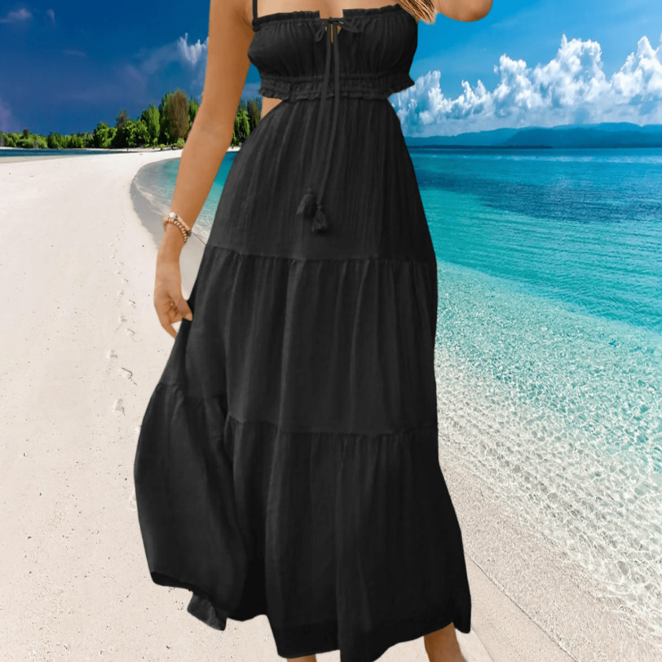 Women' Spring Summer Spaghetti Strap Maxi Dress Sleeveless Side Cut Out Dress Casual Boho Backless Flowy Long Dresses