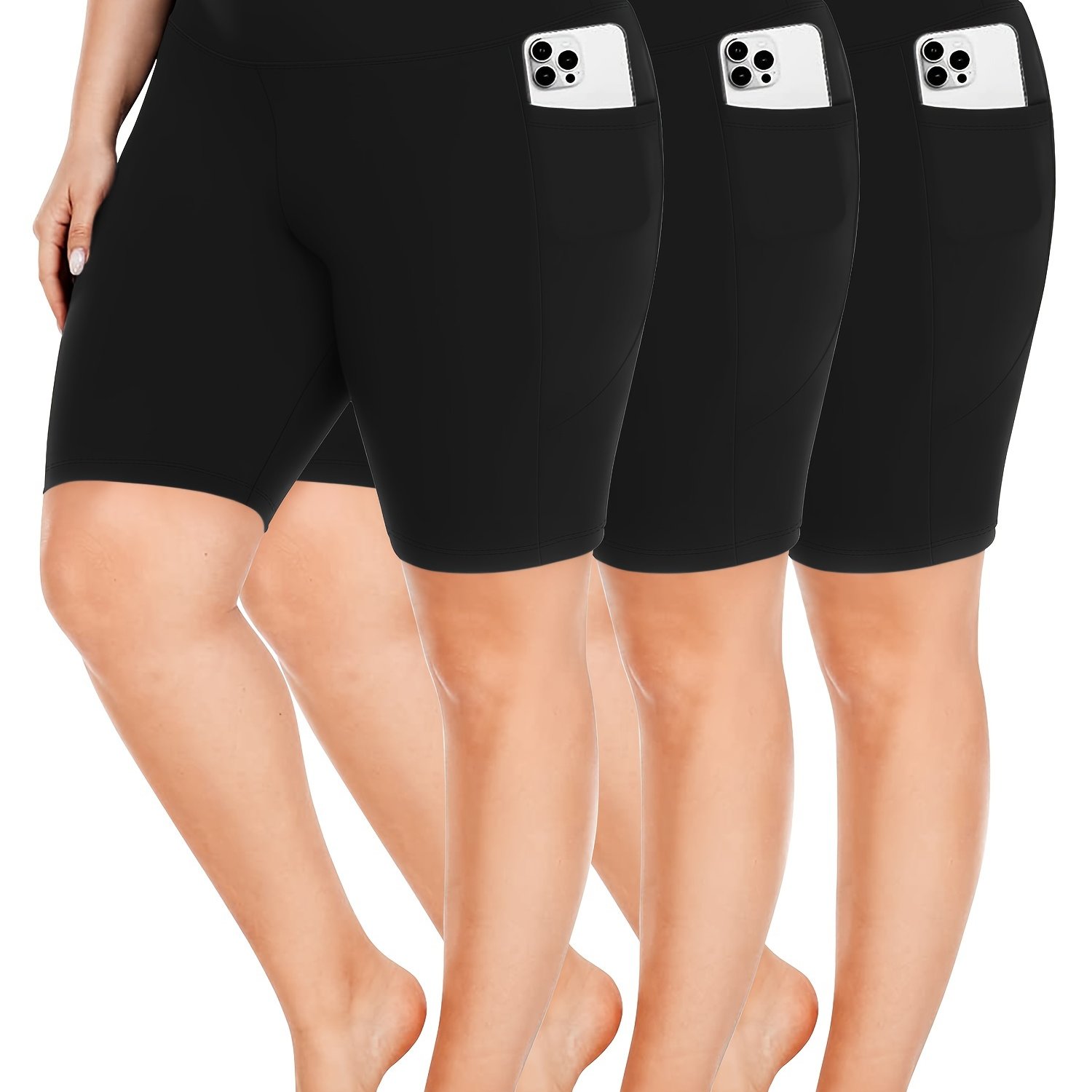 Image of Set Of 3 - Plus Size High-waisted Crescent-shaped Pocket Shorts (traffic-driving Style)