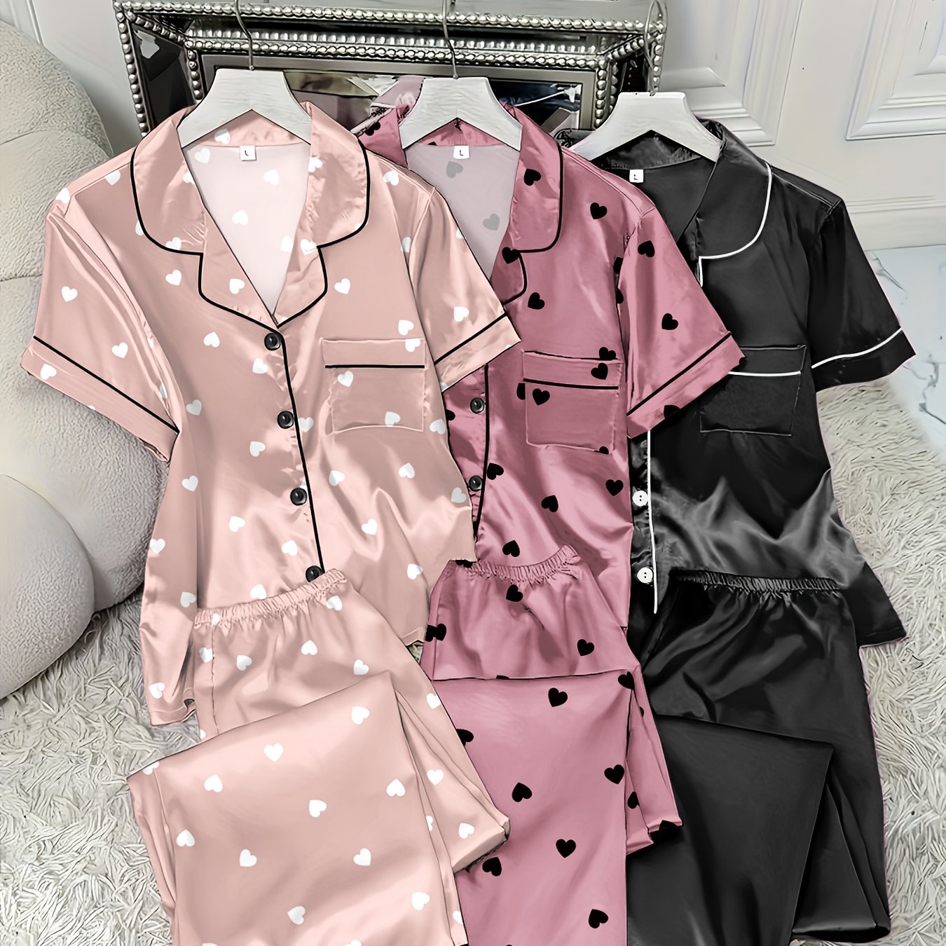 Image of 3 Sets 6pcs Satin Pajamas Heart Print And Solid Color 3 Lapel Short Sleeve Top & Elastic Waist Long Pants Home Retro Comfortable Pajama Set Worn Outside