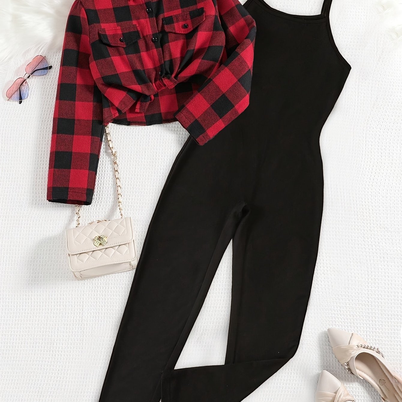 Image of New Autumn Clothes For Girls: Long-sleeved Red And Black Plaid Shirt With Suspender Jumpsuit, Fashionable 2pcs Set, Perfect For Outdoor