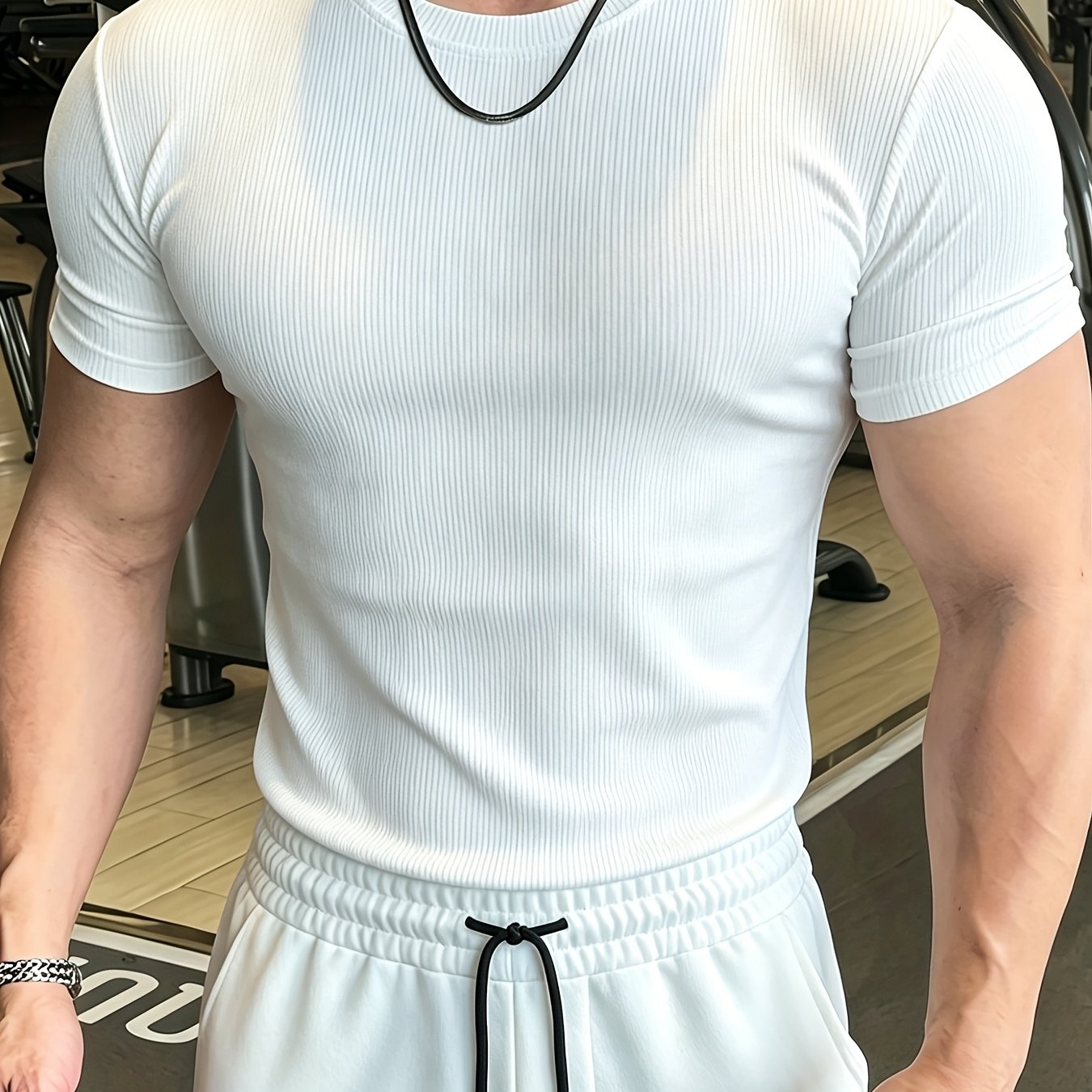 Shule Shui Obm New Summer American-style Solid Color Slim Neck T-shirt Fitness Ribbed Short Sleeve Men's Casual Sports Training Top