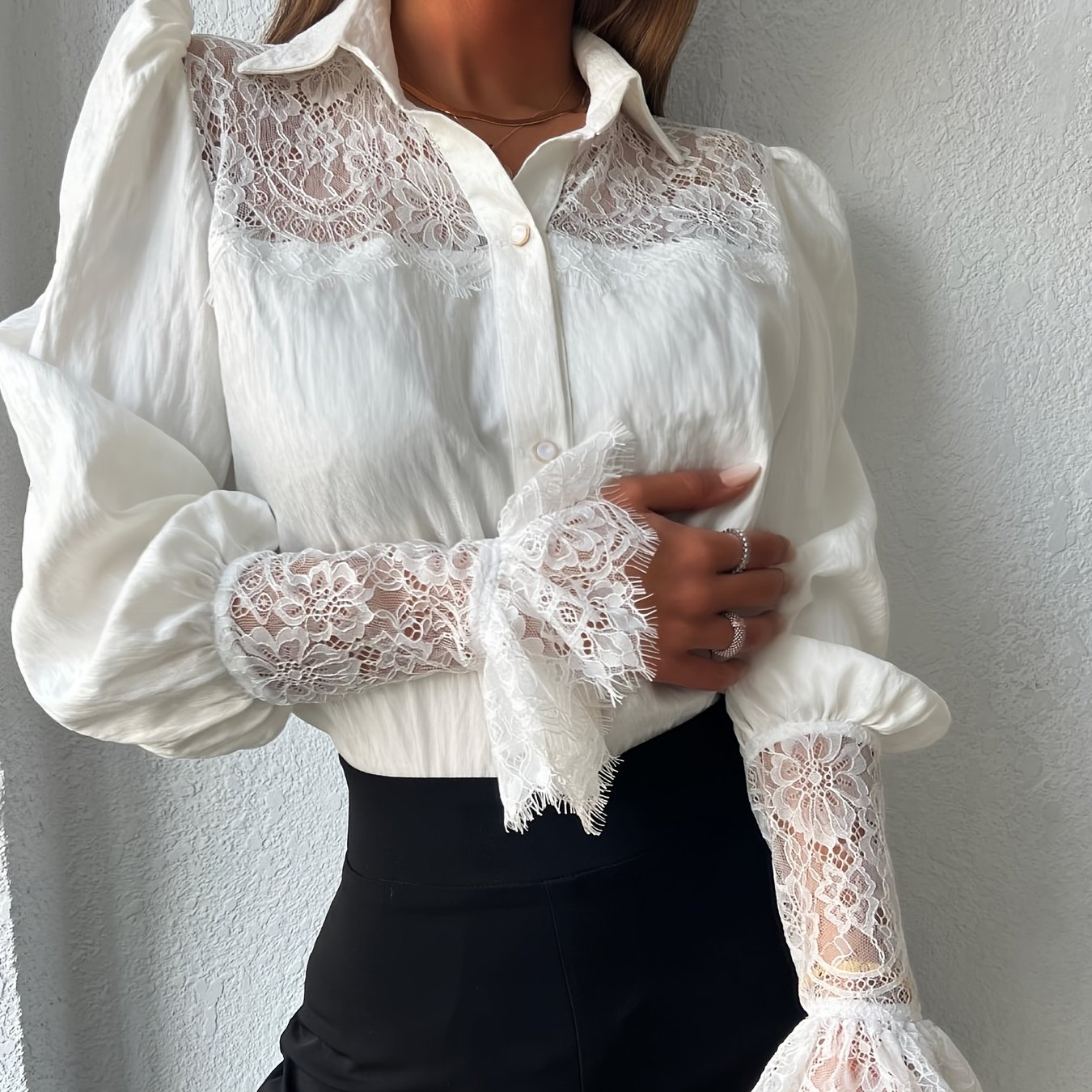 TEMU Niannian Solid Color Lace Elegant Vintage Romantic Sexy Evening Party Date Gathering Designer Lace Women's Blouse Top