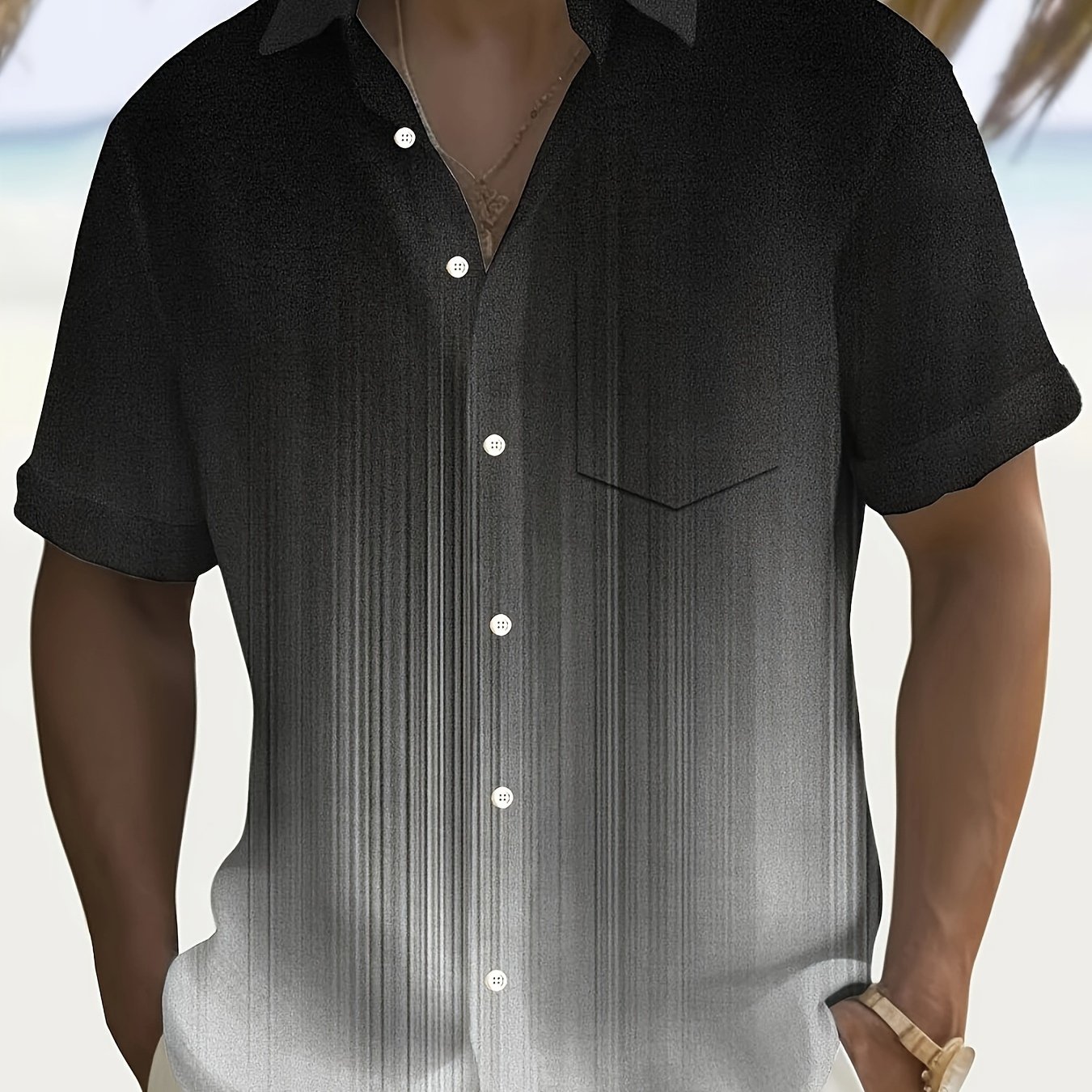 TEMU Retro Gradient Striped Print Men's Plus Size Button-pocket Short Sleeve Shirt, Plus Size