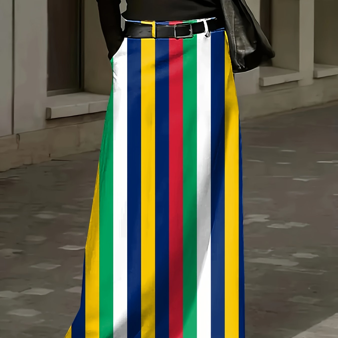 Print Plus-size Striped Dress With Pockets - Non-stretch Polyester, Flared Mid-length Skirt, Versatile Wear & Zipper Details For Casual To Formal Occasions, Formal Attire, Nontransparent Fabric
