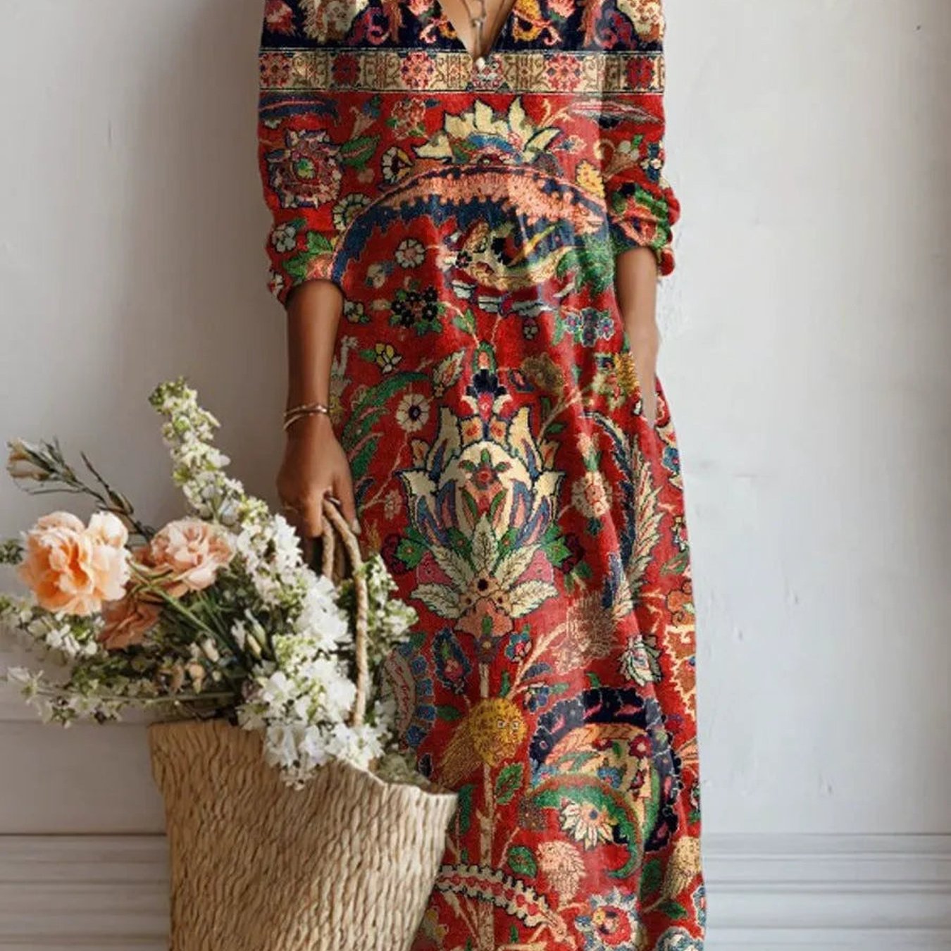Image of Plus Size, Persian Ethnic Printed Floral Bird Paisley Pattern Plus Size Women's V-neck -quarter Sleeve Vacation Long Dress
