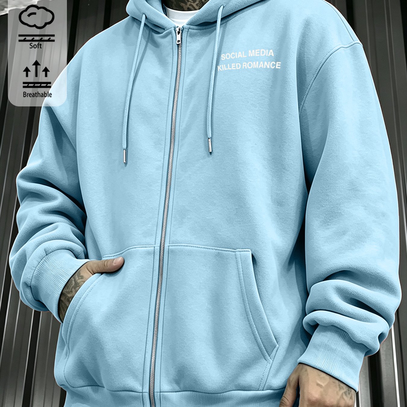 Image of Autumn Zip-up Hooded Sweatshirt With Drawstring Hood And Printed Lettering, Men's Lightweight Jacket, Street Style Casual Long-sleeve Coat, Local Warehouse Shipping