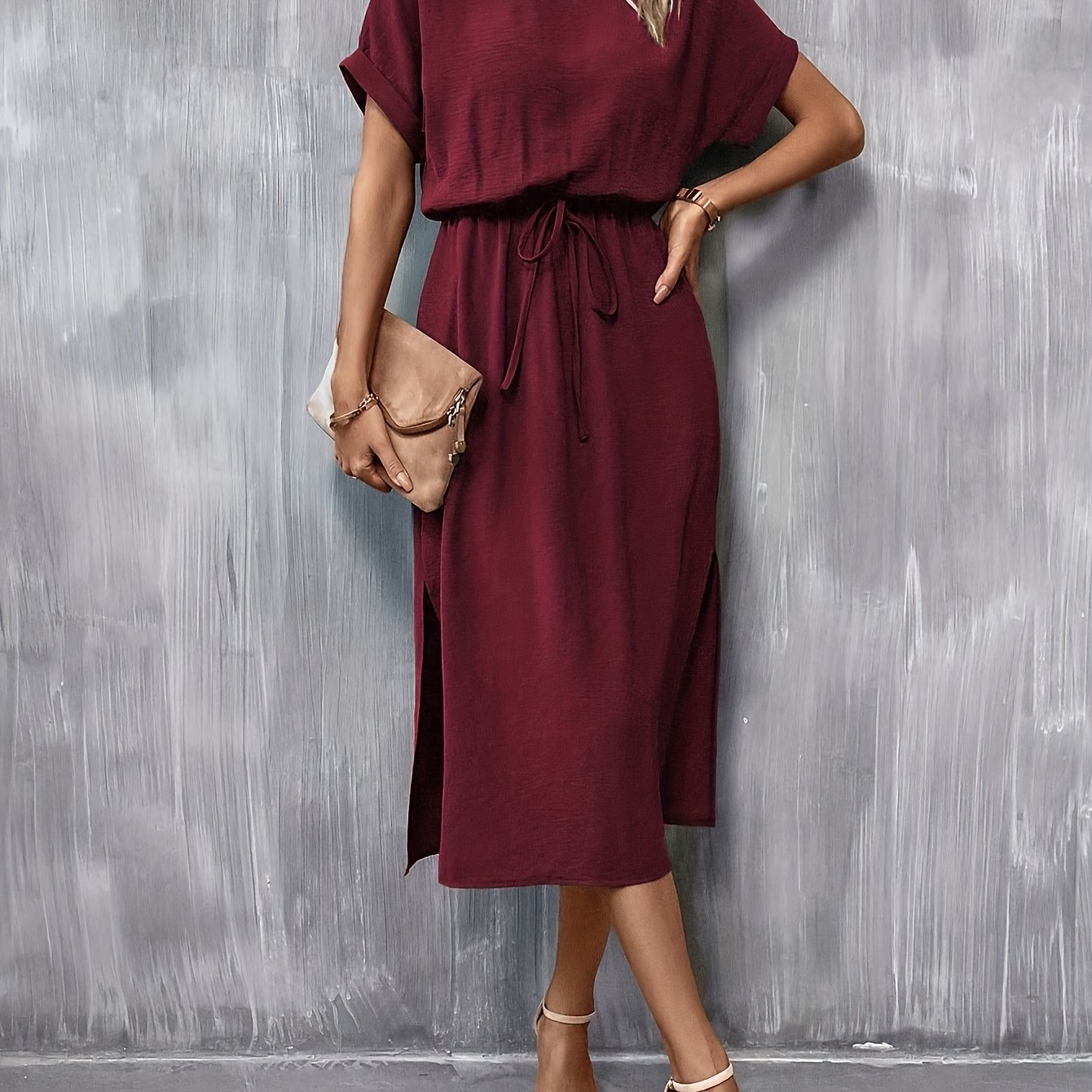 TEMU Elegant Maroon Midi Dress For Women - Chic Solid Color, Short Sleeve, Loose Fit With Tie Waist Detail, Polyester, Machine Washable - Perfect For