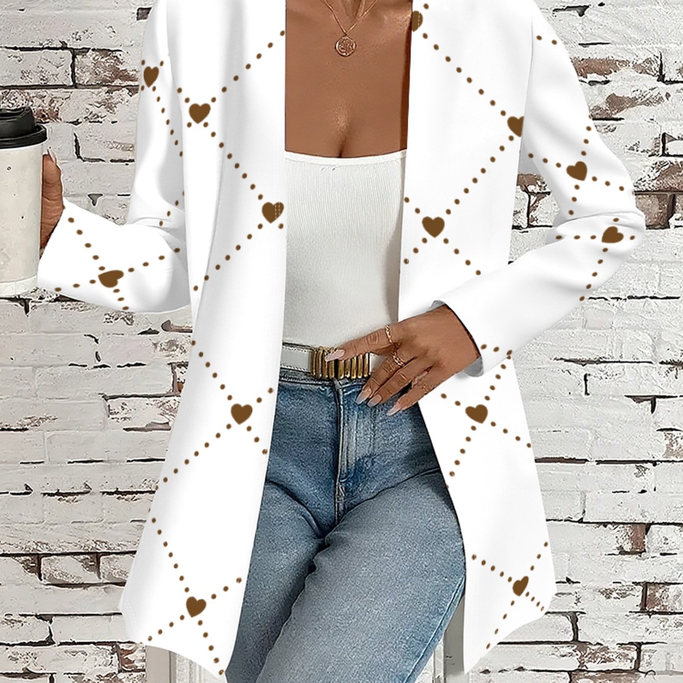 TEMU Printed Design â Not Textured Diamond Check Heart High-quality Women's Apparel Women's Printed Long-sleeve Cardigan - Comfortable Printed