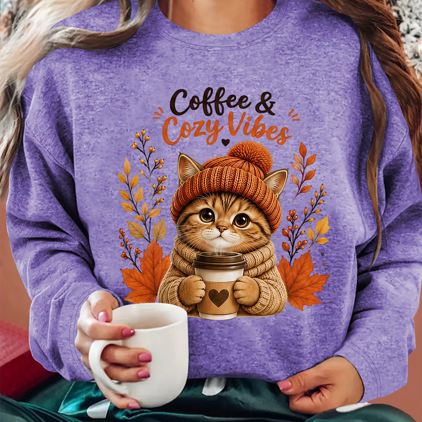 TEMU Halloween Holiday Costume Women's Party Gift Coffee & Cozy Vibes Print Crew Neck Long Sleeve T-shirt Style Summer Autumn Daily Versatile Wear