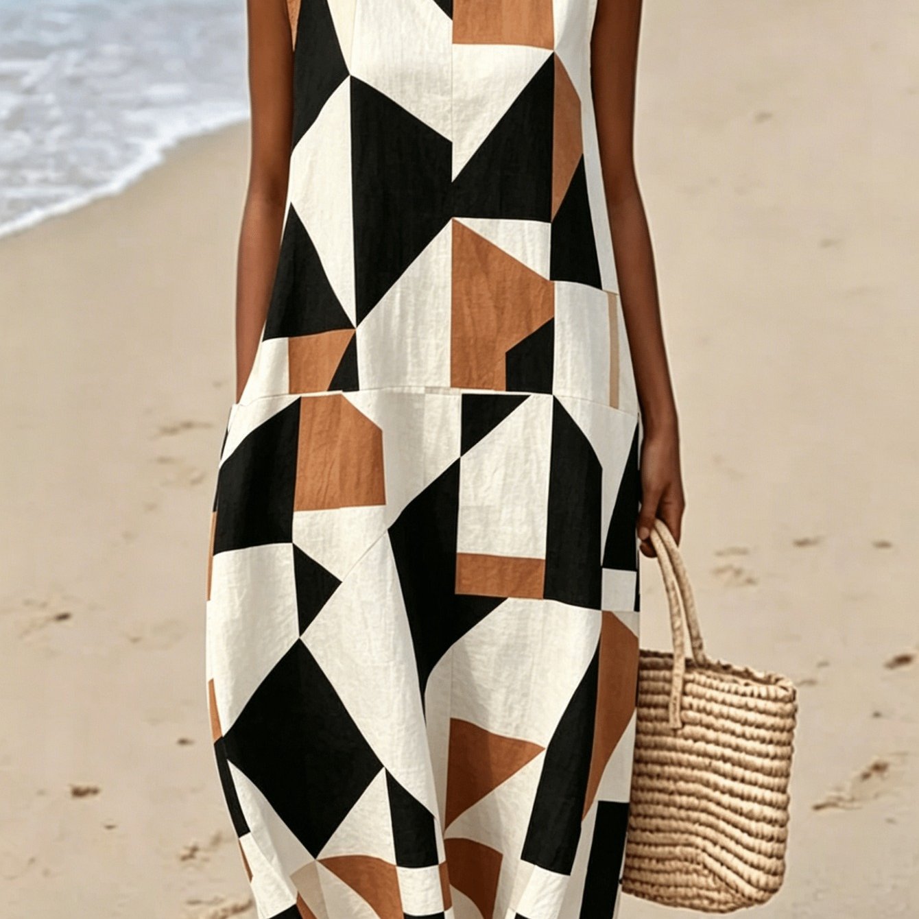Image of Plus Size - Plus Size - Plus Size Women Sleeveless Tank Dress, Geometric Color Block Print Midi Dress, Modern , Casual Loose Fit, Perfect For Beach Vacation Daily Wear