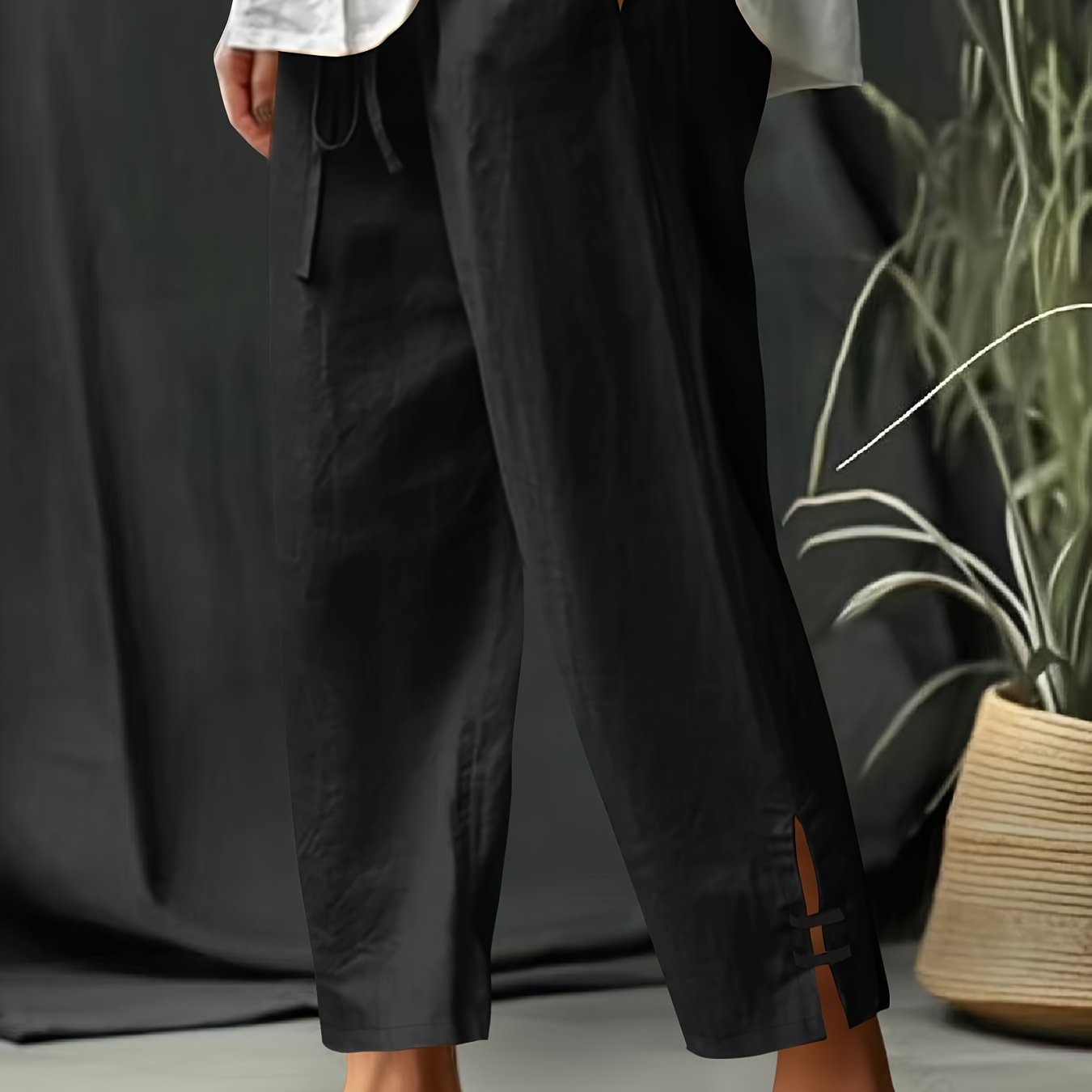 E-shop Damenhose in Übergröße, Xiaofu, gerichtet verlängert, neuer Stil, , mit strukturiertem elastischem Bund, Kordelzug, Saum mit Schlitz,