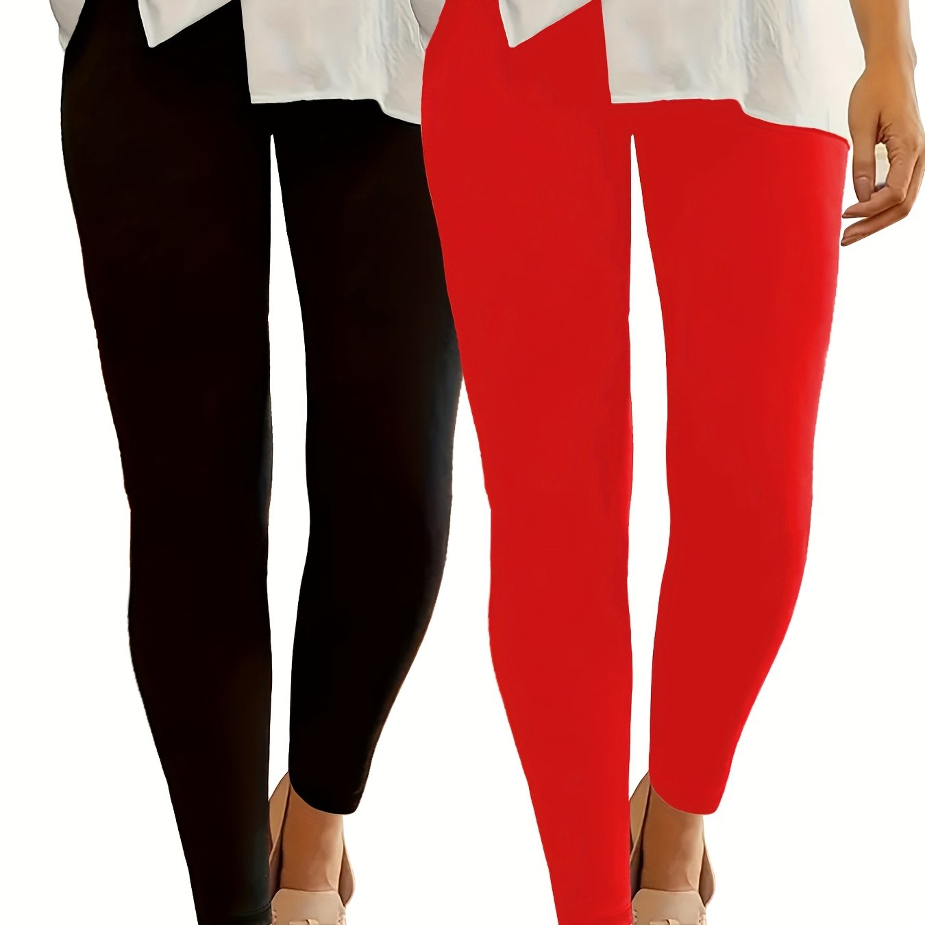 TEMU Plus Size, 2pcs Women' Color Leggings Set,   Red Pants Combo, Versatile Wear, Casual Y High-waist Stretchy Tights, Plus Size