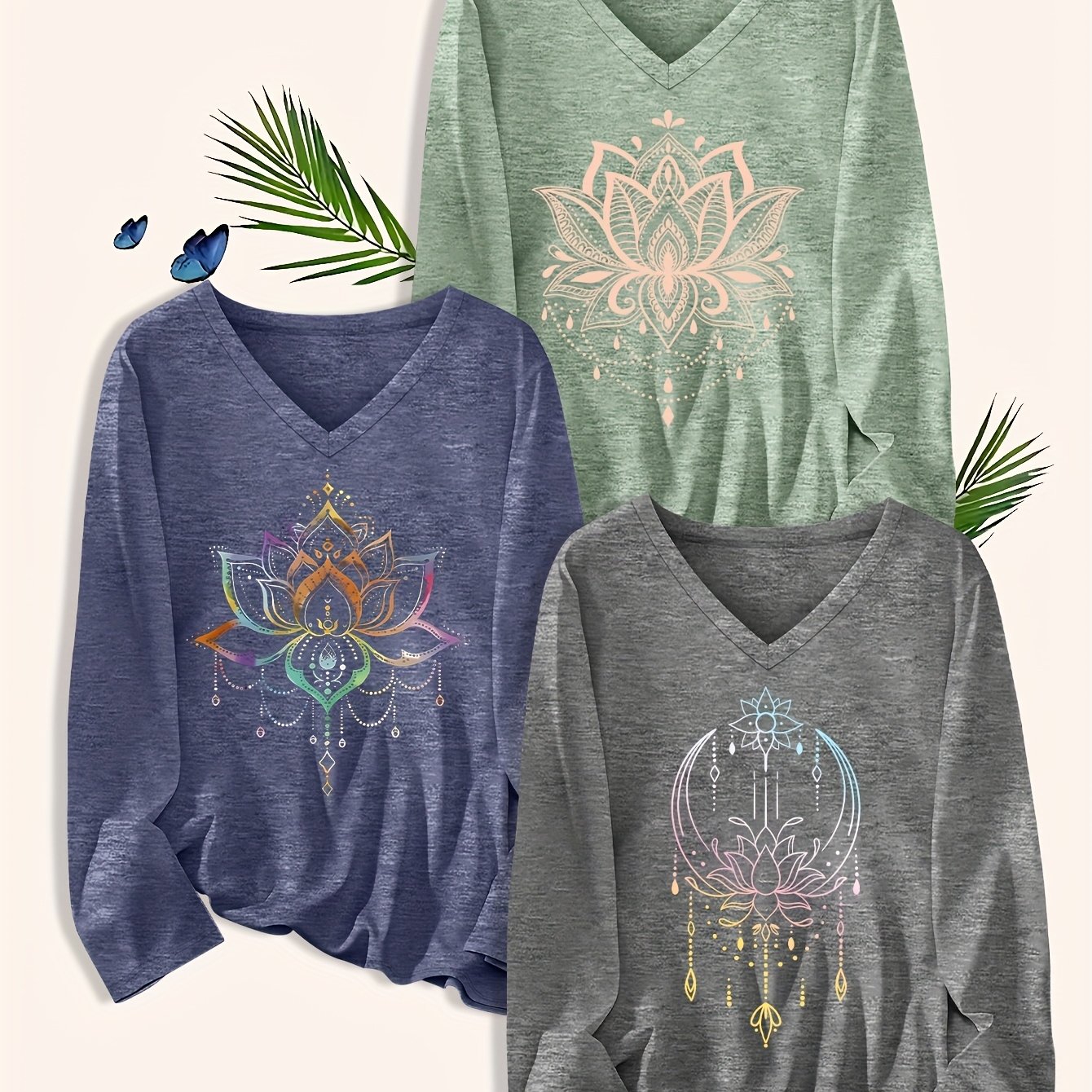 TEMU Plus Size, Versatile T-shirt 3pcs Set: Spring/summer New Arrival Plus Size Women's Fashion Print " Colorful For Lotus" Casual Long Sleeve V-neck
