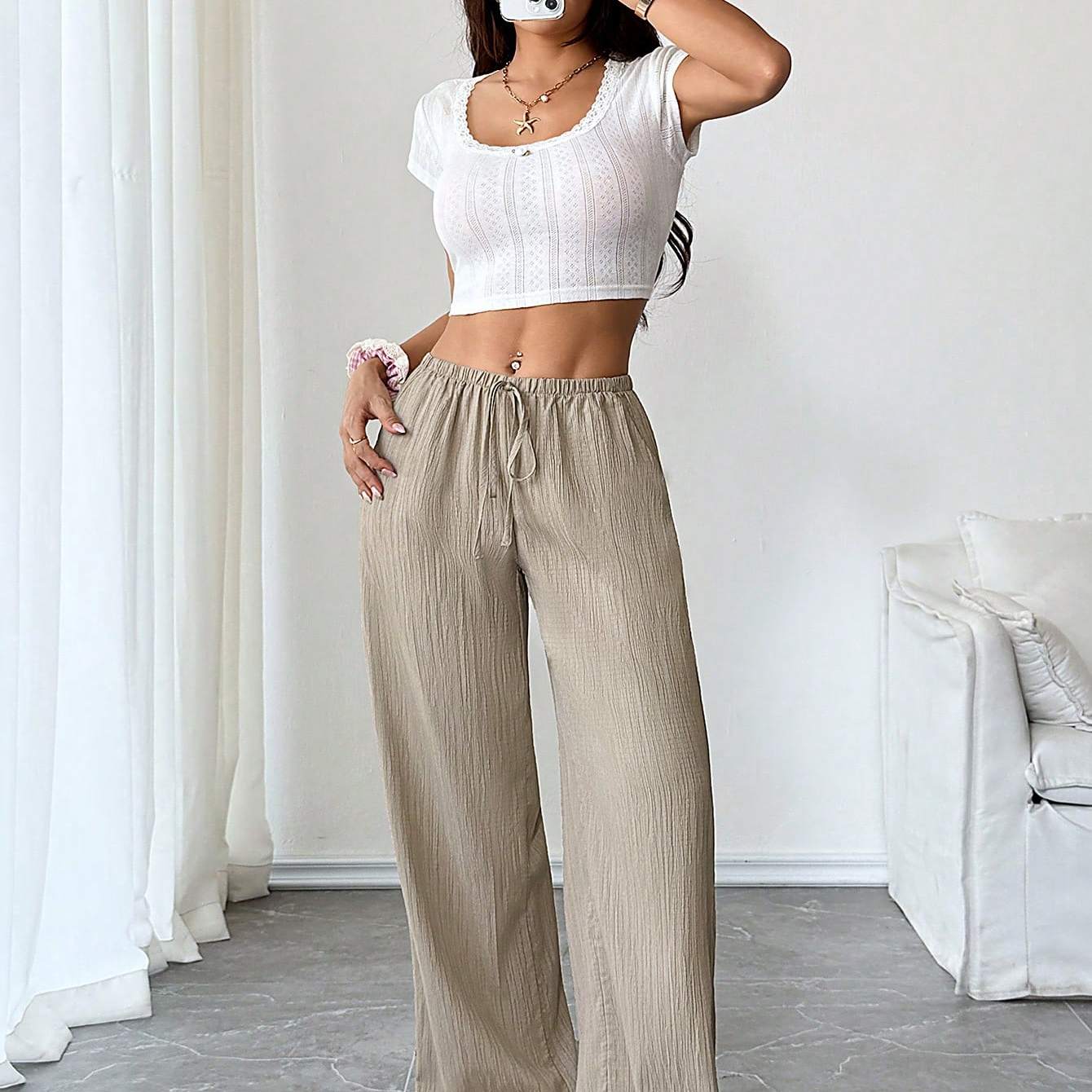 Women's Spring And -waisted Belted Pants With Pockets, Model 07