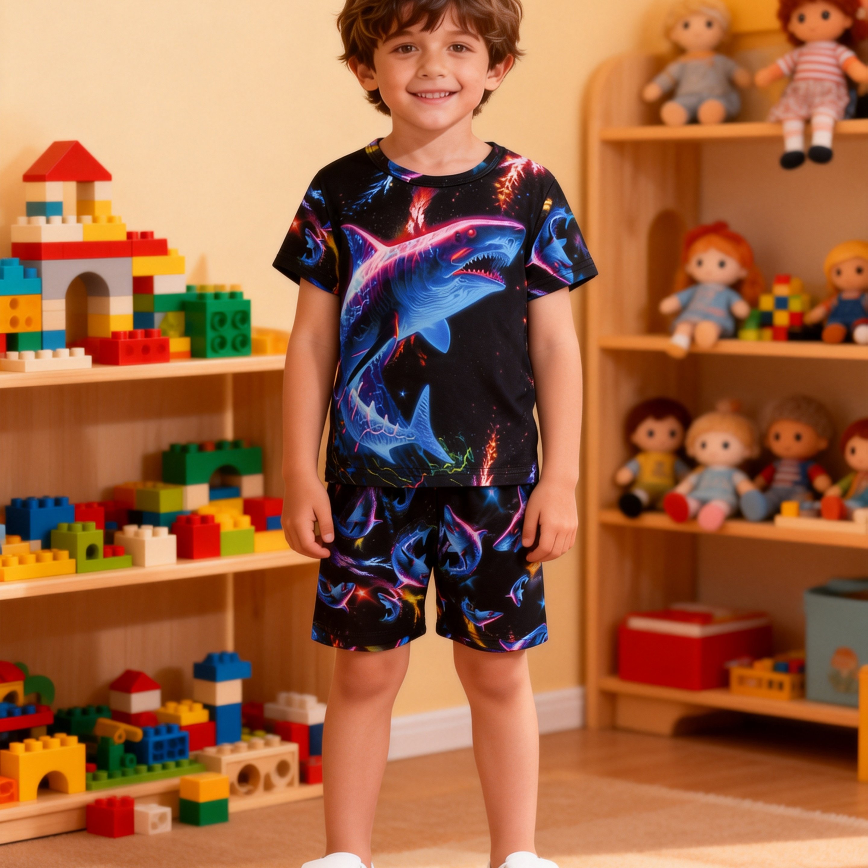 1 Set Boys' Pajamas, 2pcs Set, Shark Print Short-sleeve T-shirt And Shorts Set, Skin-friendly, Close-fitting, And Soft, Summer Style
