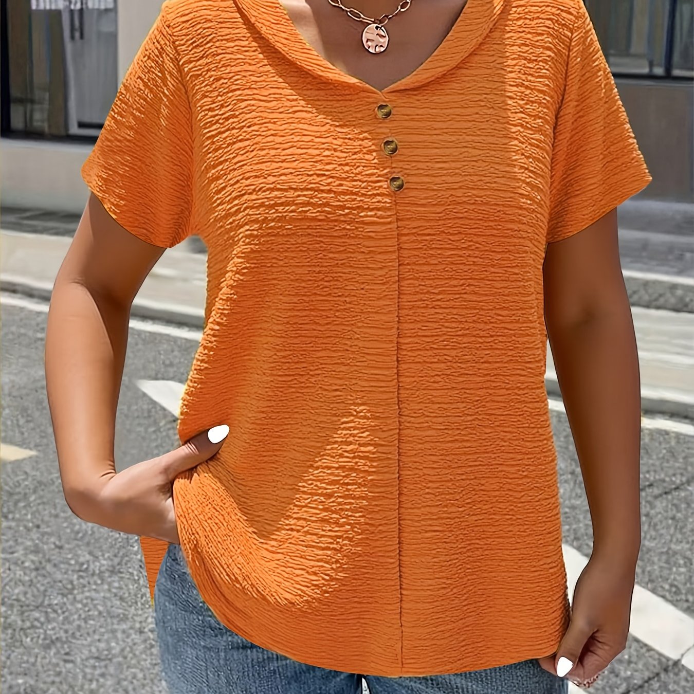TEMU Plus Size, Spring/summer Elegant Solid Color Button- Doll Collar Short Sleeve T-shirt Plus Size Women