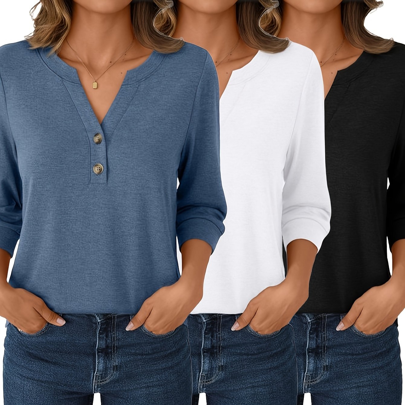 Image of Women's 3pcs Set 3/4 Sleeve Henley V-neck Button-up Elegant Casual Loose Top Flowy Spring Summer Fall Blouse 3/4 Sleeve T-shirt