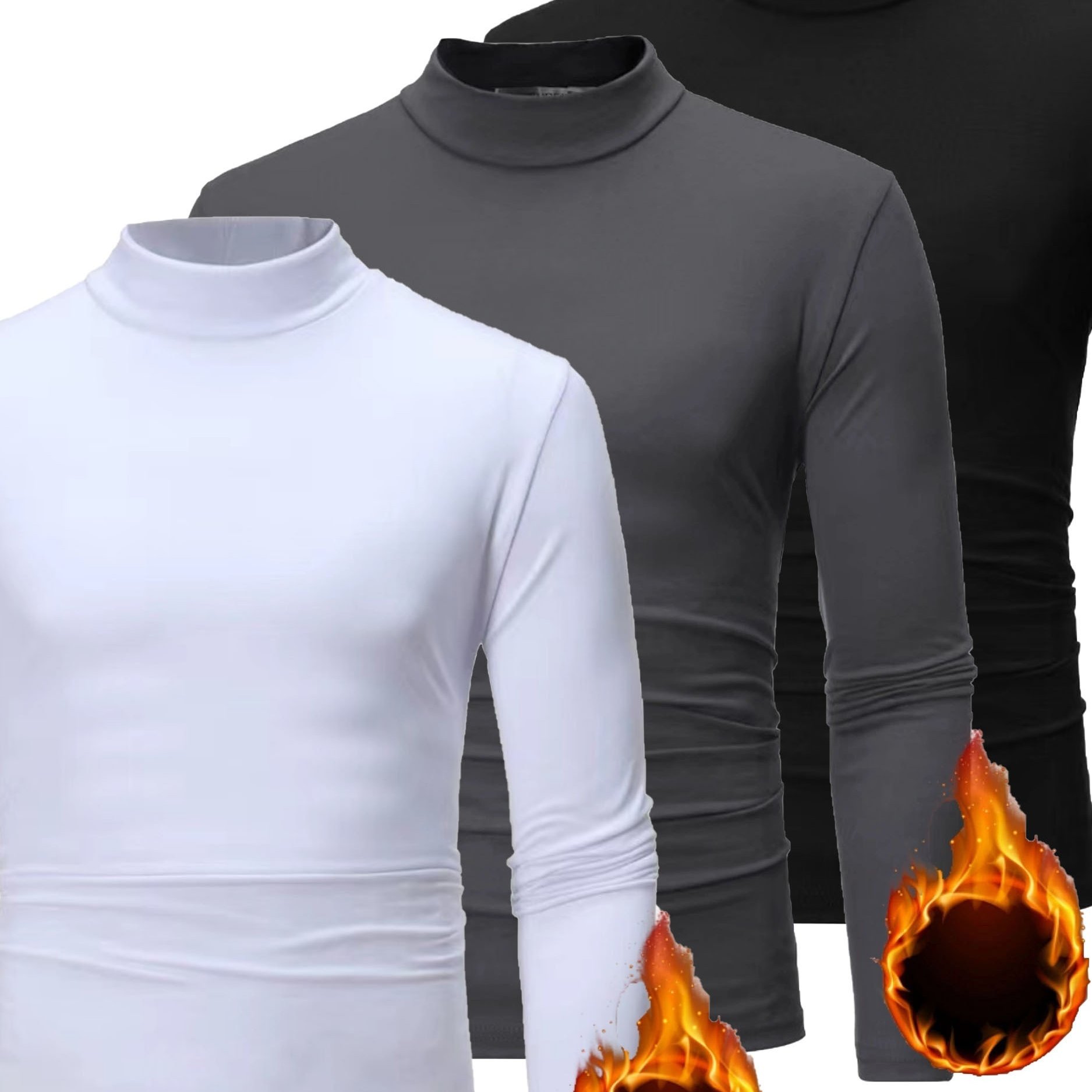 Men's Winter Fleece-lined Mock Neck Long-sleeved Thermal Underwear Solid Shirt -piece Set
