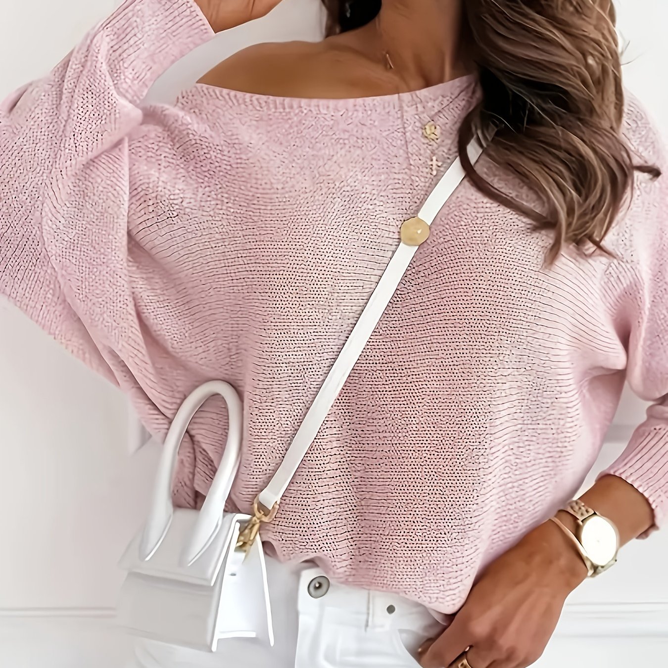 E-shop Modischer rosa Damen-Pullover - Lässiges Schulterdesign - Bootshalsen, einfarbig, elegantes Laternenärmel-Top, geeignet für Frühling, Herbst und