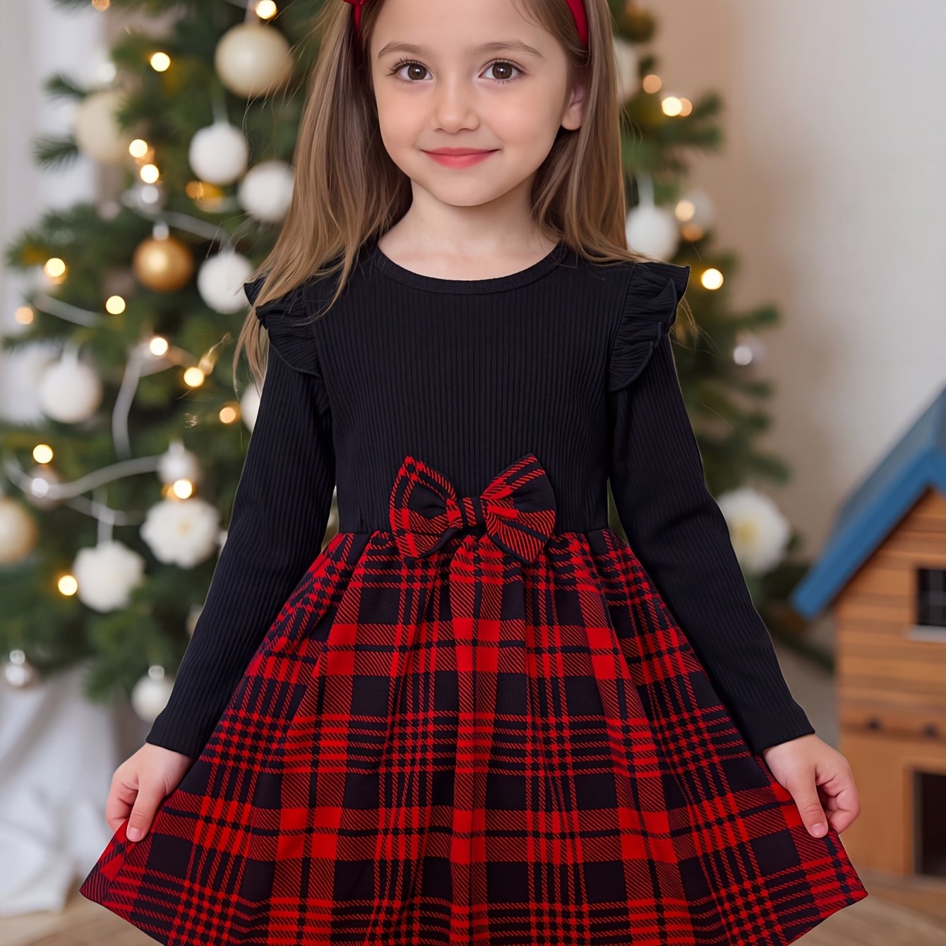 Image of Girls' Dress, Long-sleeved Princess Dress, Bow Knitted Skirt, Children's Party Dress, Baby Autumn And Winter Wear, Suitable For 2-7 Years Old