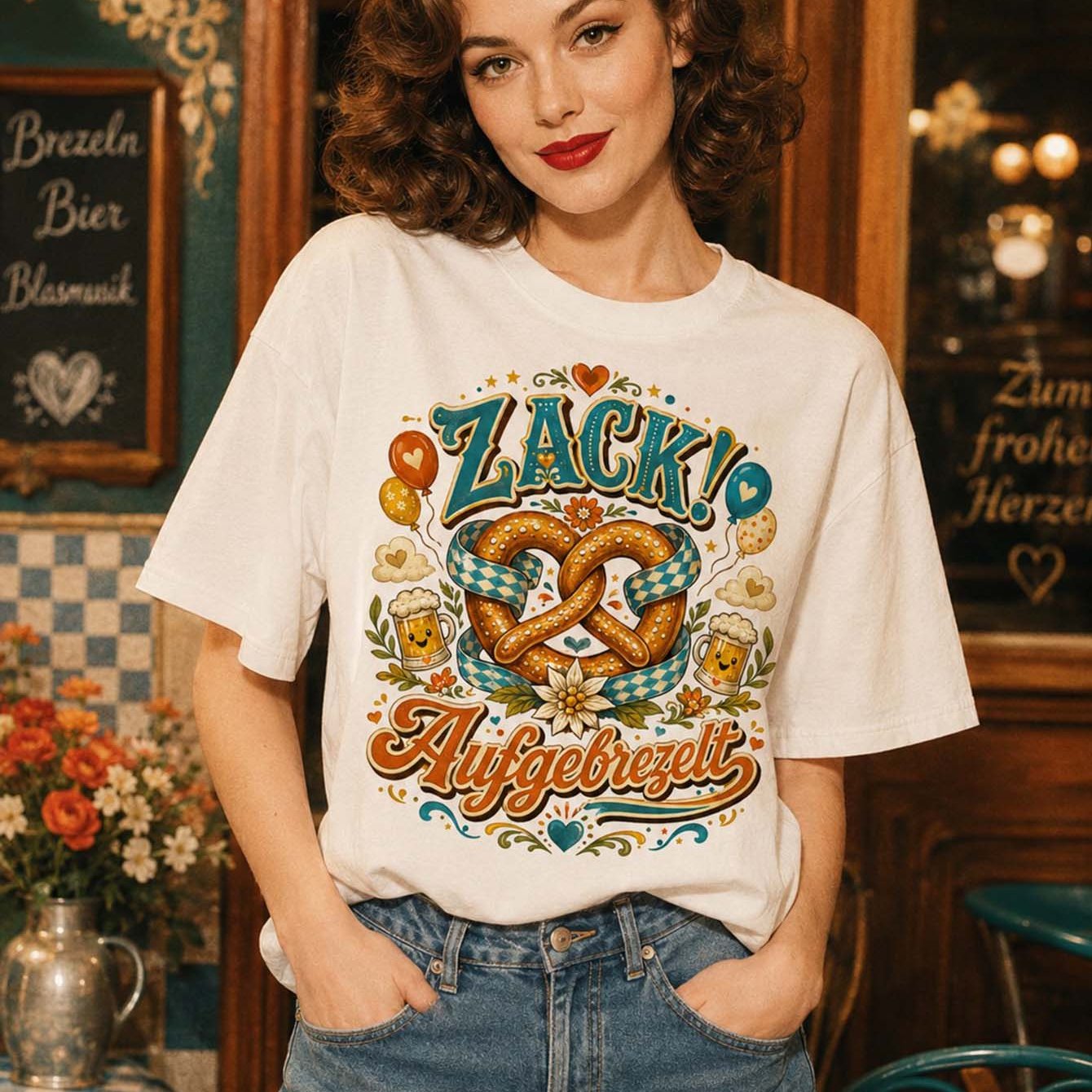 Image of Aufgebrezelt Pretzel And Beer Graphic Women Loose T Shirt Casual Short Sleeve White Round Neck Tee For Oktoberfest Festival Gift