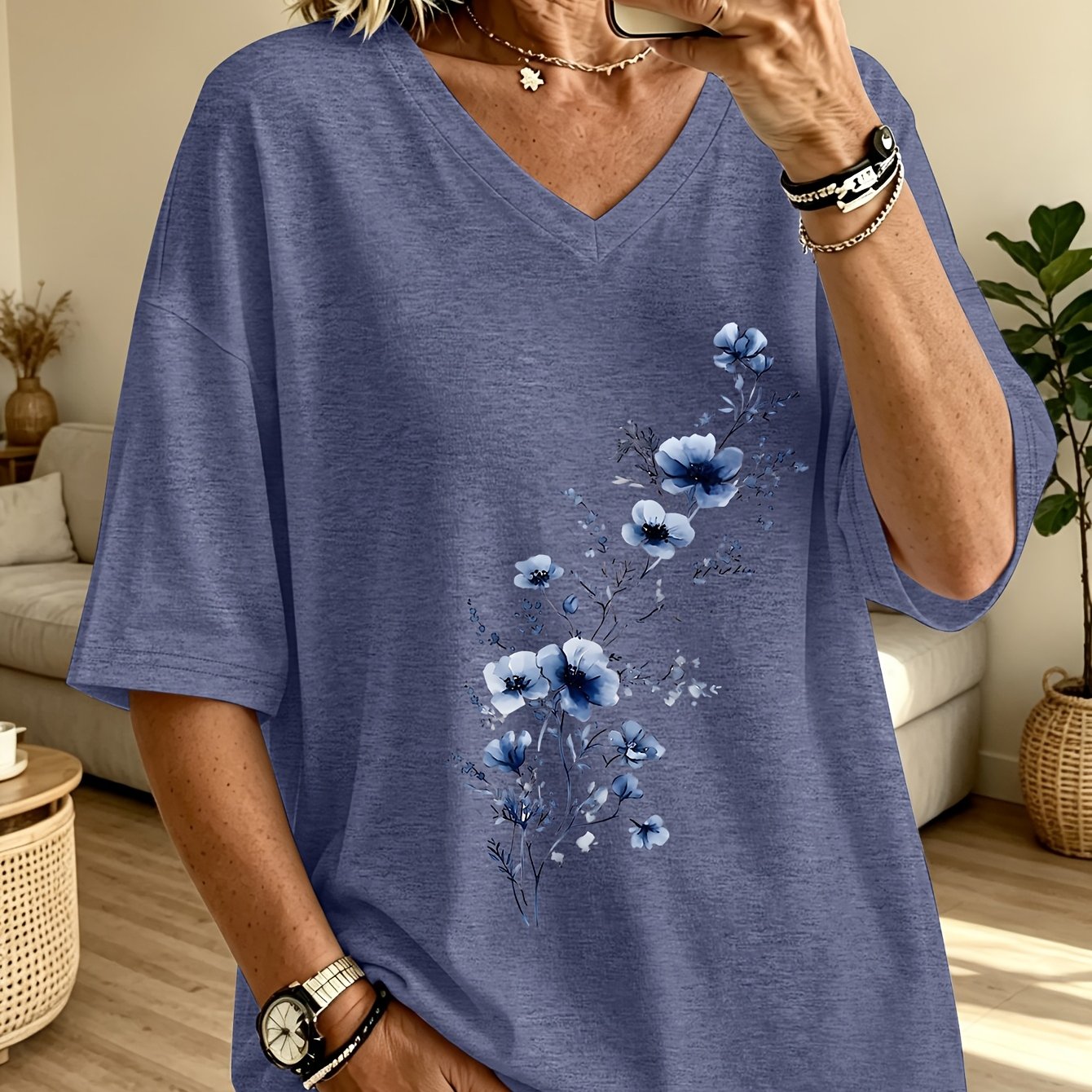 TEMU T-shirt grande taille pour femme, mode printemps/été, à manches - et épaules tombantes , avec imprimé floral bleu « Wild Growth », haut de