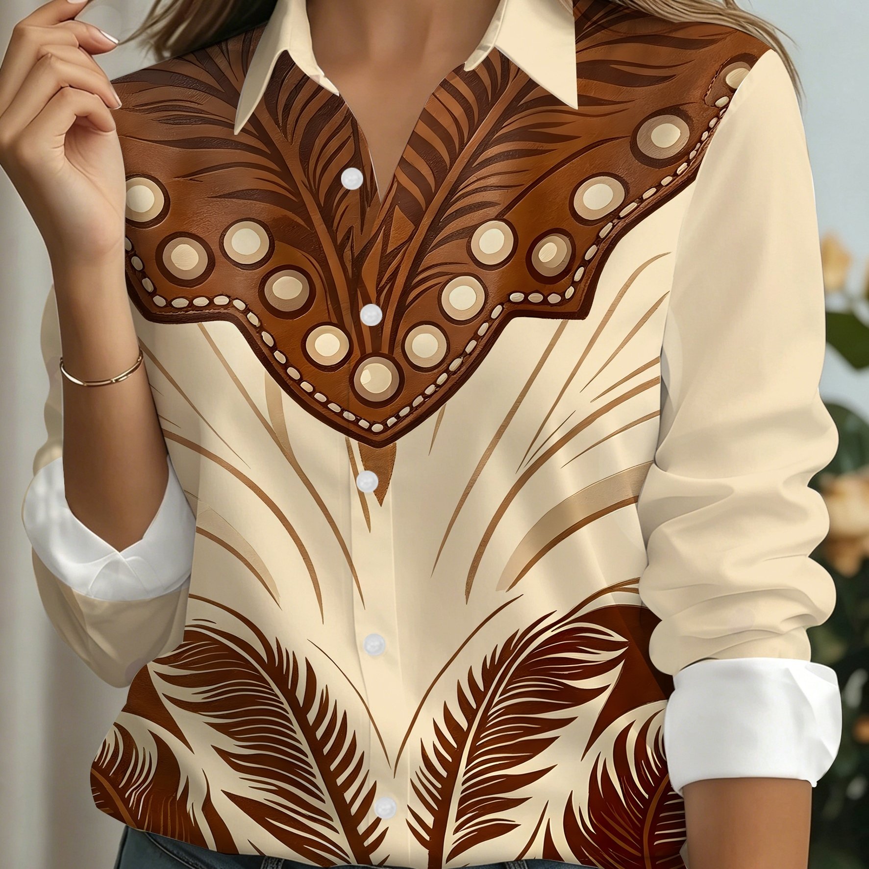 TEMU Printed Design â Not Textured: Women's Stylish Long-sleeve Fashionable Lapel Shirt, American Western Style Collar With Polka Dot Trim And Tan