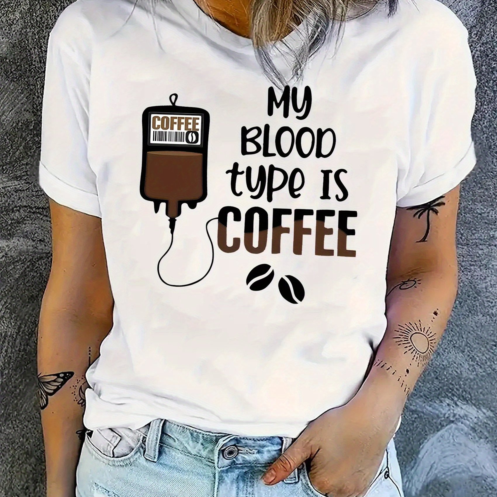 TEMU Women's Funny Coffee Lover T-shirt - "my Is Coffee" Design With Coffee Beans & Syringe Graphic, Relaxed Neck Short Sleeve Spandex Blend Top For
