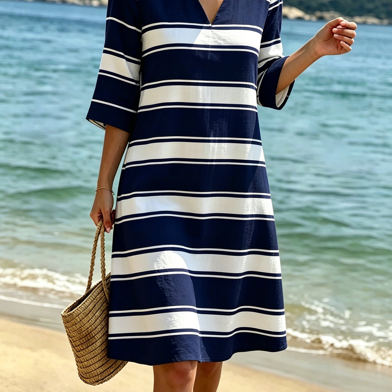 Women's Dress Summer French Striped V-neck Loose Three-quarter Sleeve Midi Dress Breathable Imitation Hemp-like A-line Skirt Suitable For Beach Vacation Daily Women's