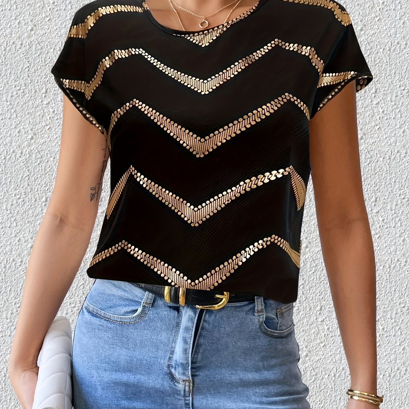Image of Women's Elegant Black & Golden Geometric Print Batwing Sleeve Blouse - Round Neck, Short Sleeve, Machine Washable, Spring/summer Fashion Top, Ladies Blouses