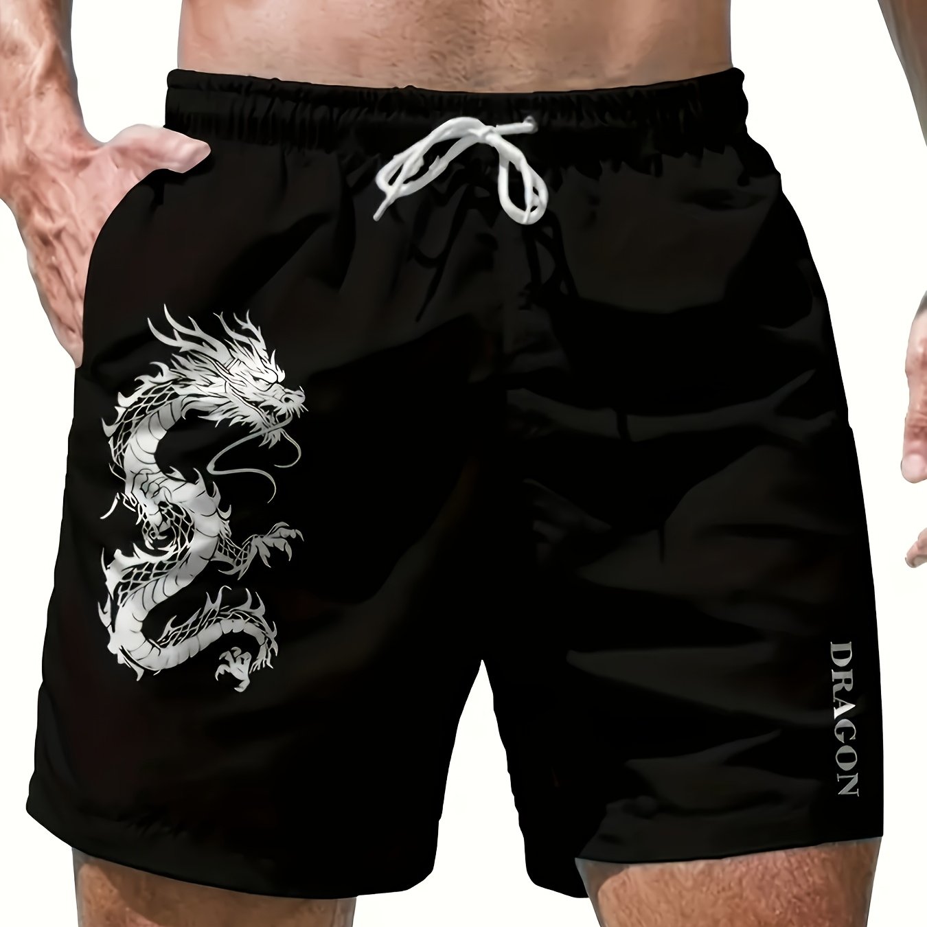 Men's Dragon Pattern Swim Trunks - Lightweight Shorts With Drawstring Waist Suitable For Swimming, Basketball, And Camping - Black Outdoor , , M