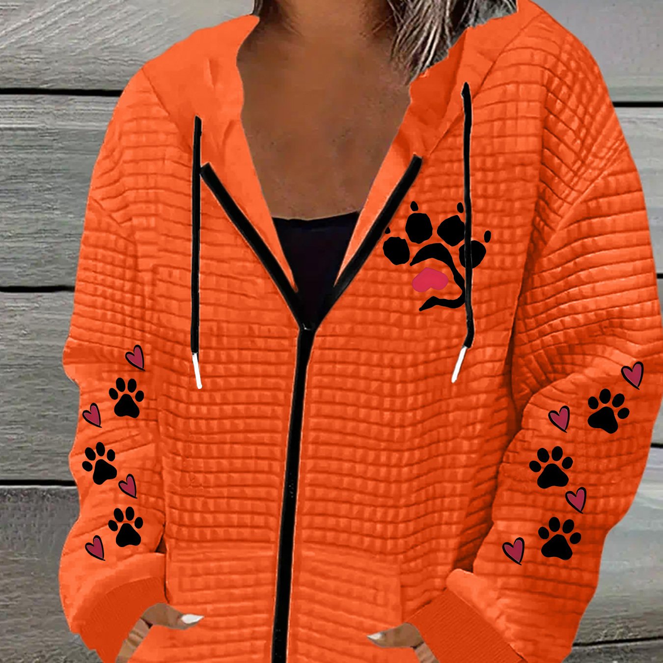 TEMU Plus Size, Dog Paw Print Printed Zip-up Jacket Waffle Hooded Zip-up Outerwear