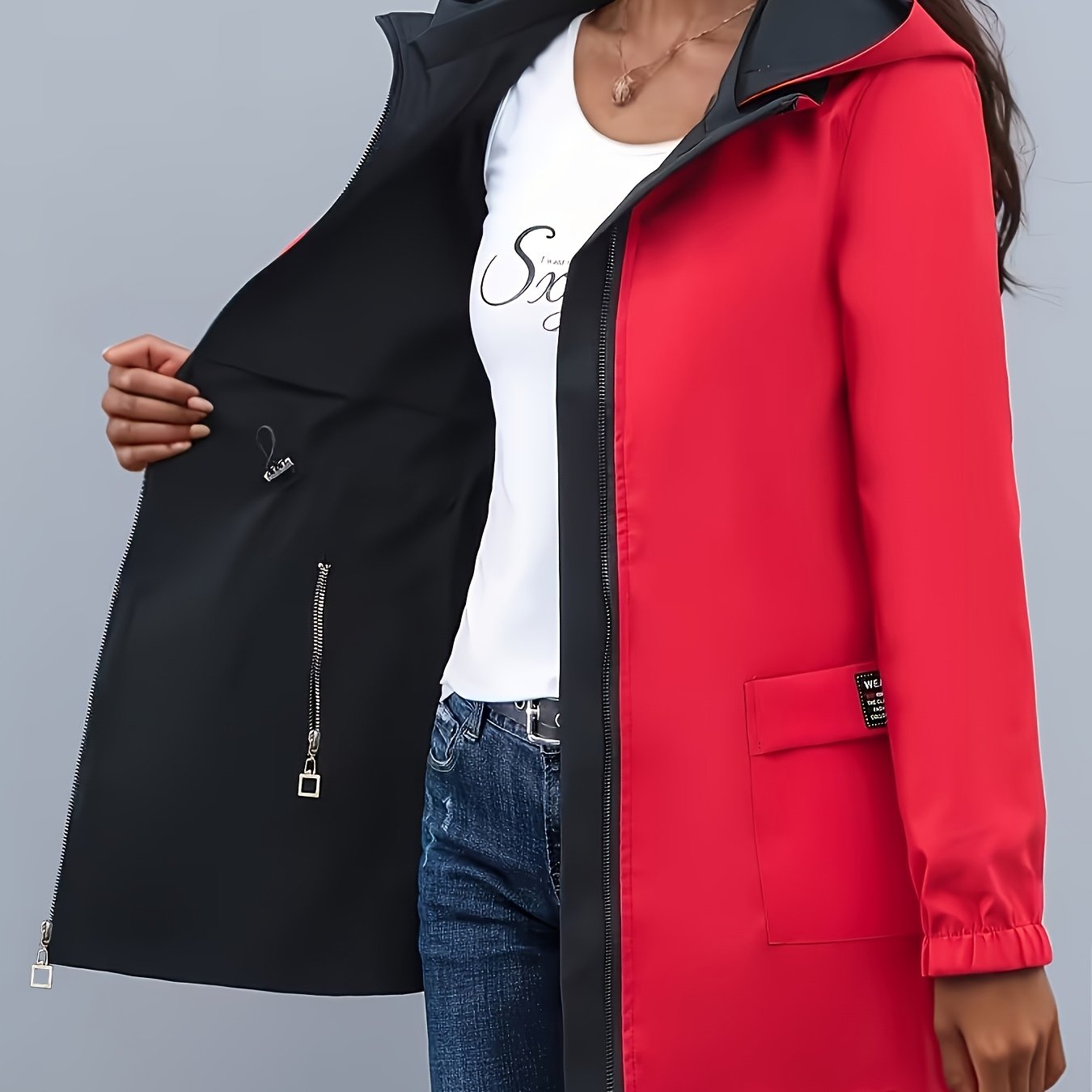 TEMU Chaqueta Trench de Cara para Mujer | Con Capucha, Color Sólido, Detalles de Cremallera, Estilo Casual para /Otoño