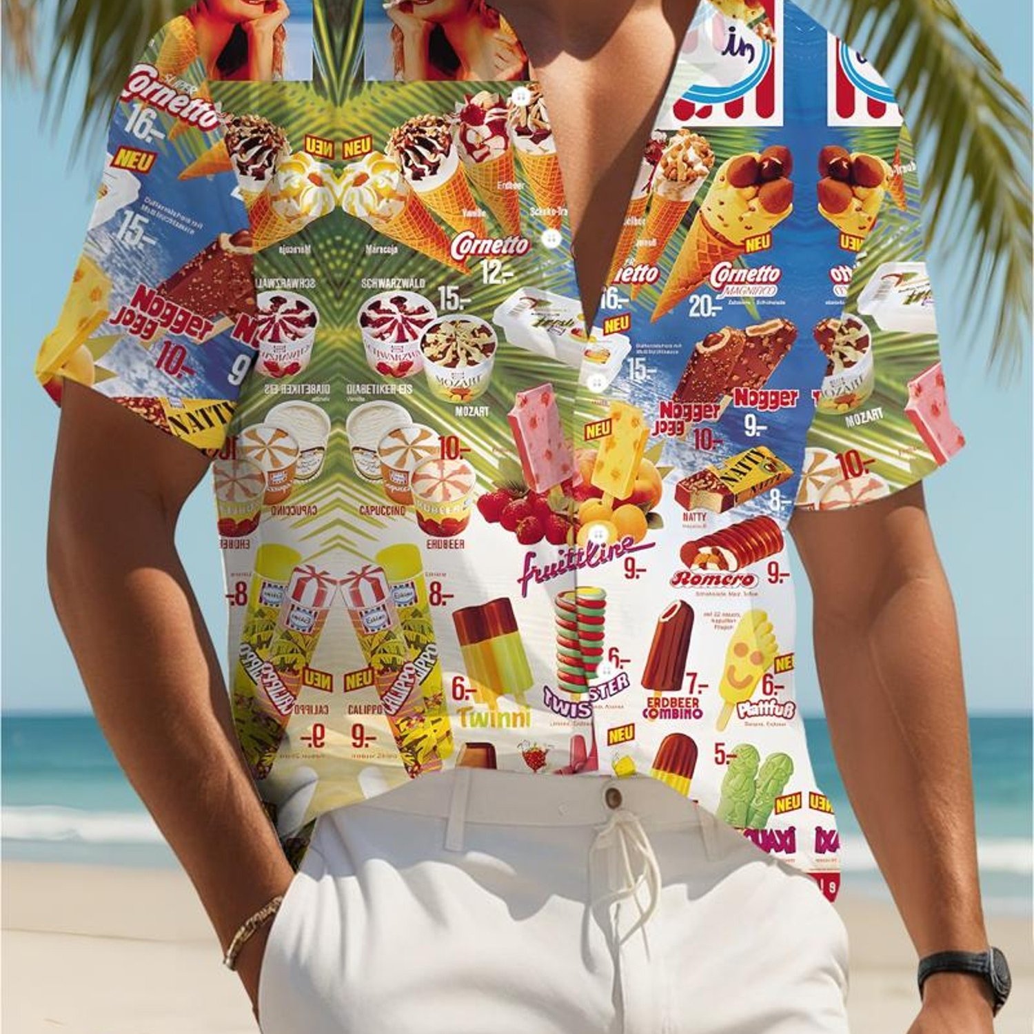Men's Casual Short - Sleeve Shirt, Multiple Specifications , Polyester Material, Ice Cream Pattern Print, Suitable For Daily Wear, Fashionable And Comfortable