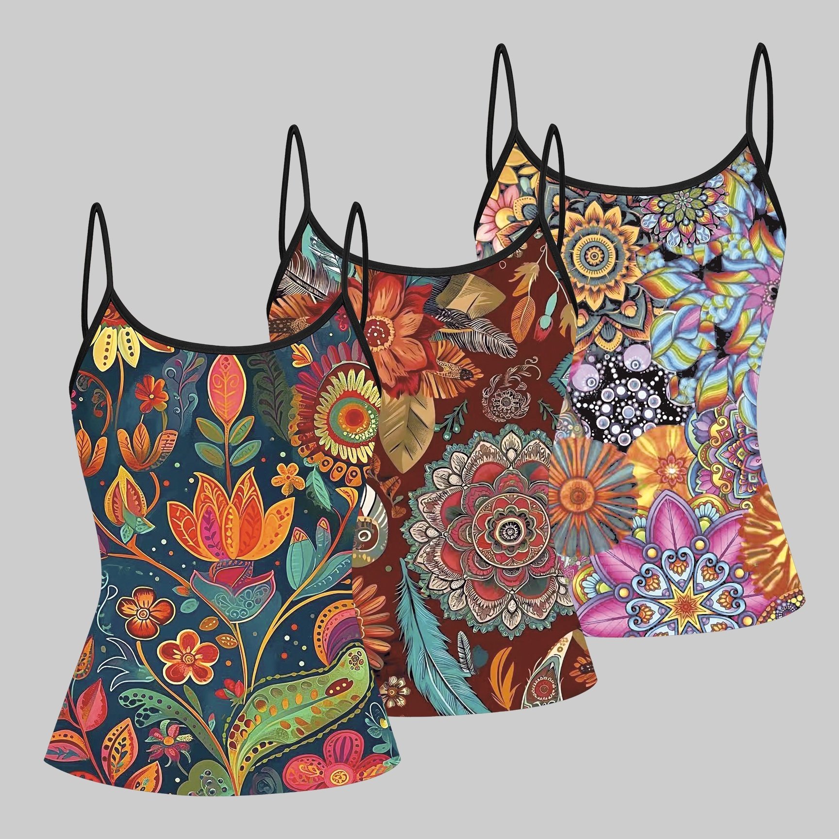TEMU Ensemble 3 pièces pour femme, débardeur camisole floral coloré de style bohème, haut vintage ethnique à motif mandala coupe ajustée et flatteuse