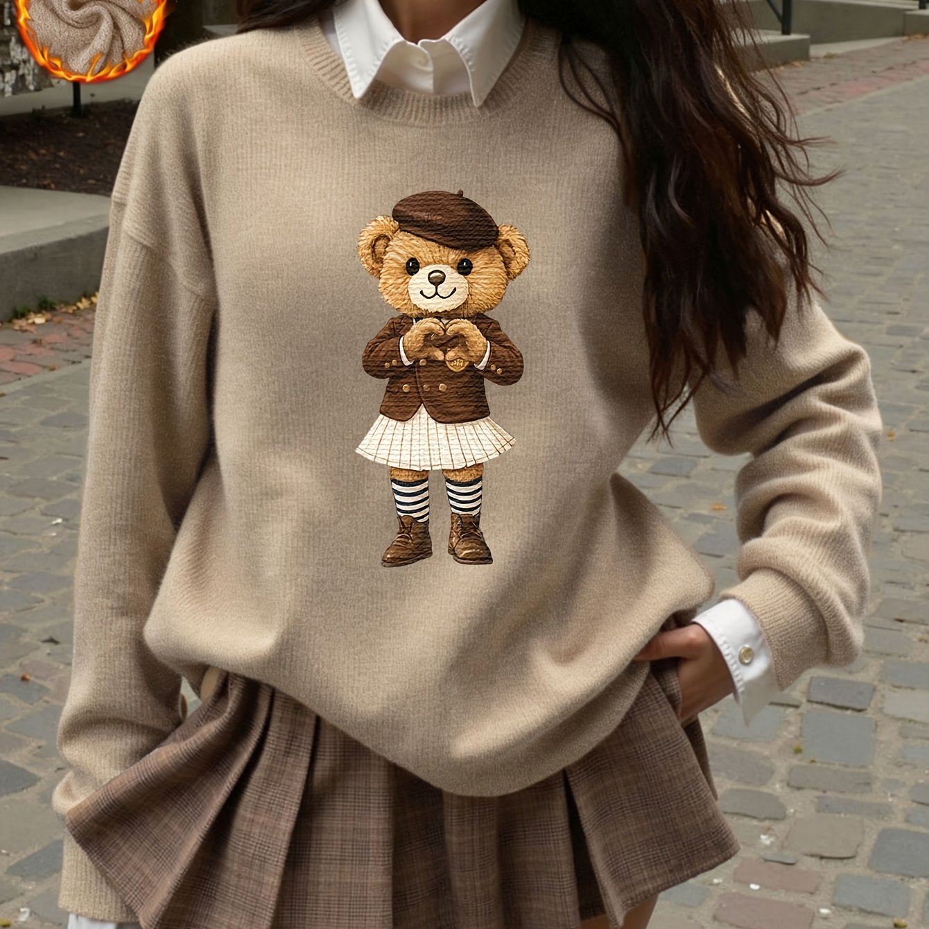 TEMU Women's British Beret College Style Heart Hands Teddy Bear Print Crew Neck Sweatshirt, Retro Pleated Skirt Outfit Bear Graphic, Loose Round Neck