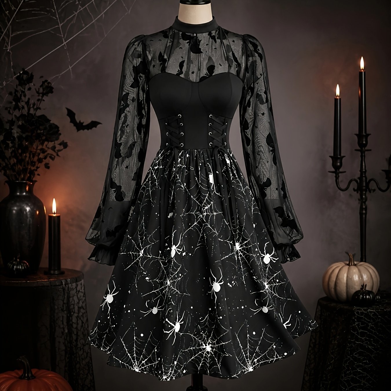 TEMU Robe d'Halloween style à imprimé araignée et chauve-souris, avec une silhouette évasée pour une coupe décontractée et . Convient pour les fêtes