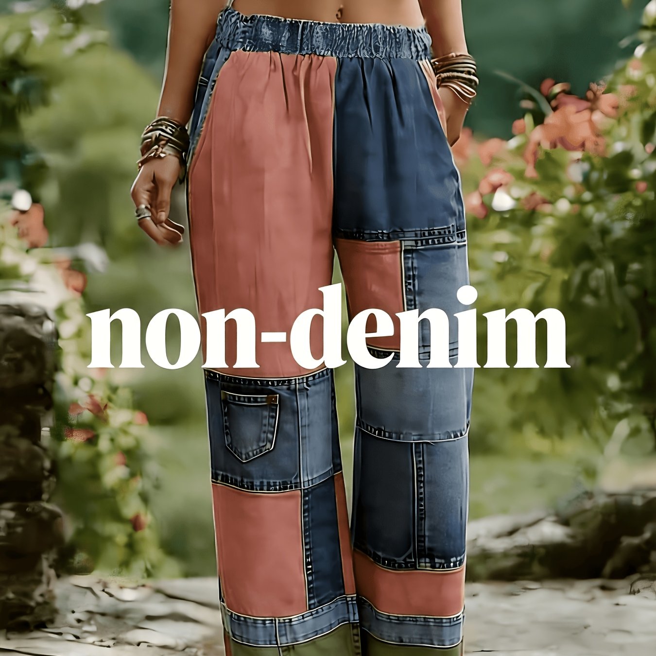 TEMU レディース プリント カラーブロック スプライス加工 パンツ 伸縮性ウエスト ワイドレッグパンツ 非デニム ヴィンテージ スプライス加工 ポケット付き カジュアルパンツ レトロ ヒッピー ルーズでだらしないカジュアルパンツ