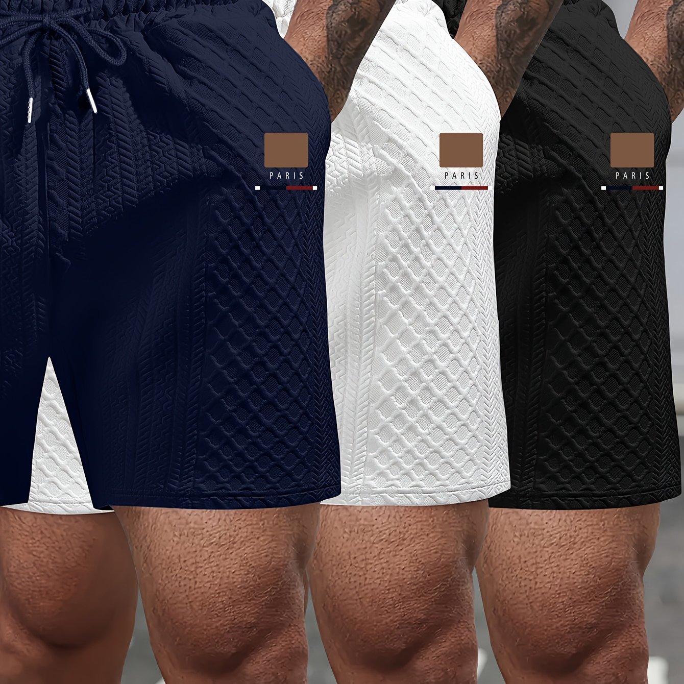 TEMU Summer Men's 3d Diamond Pattern Shorts, Jacquard Fabric Drawstring Casual Athletic Shorts
