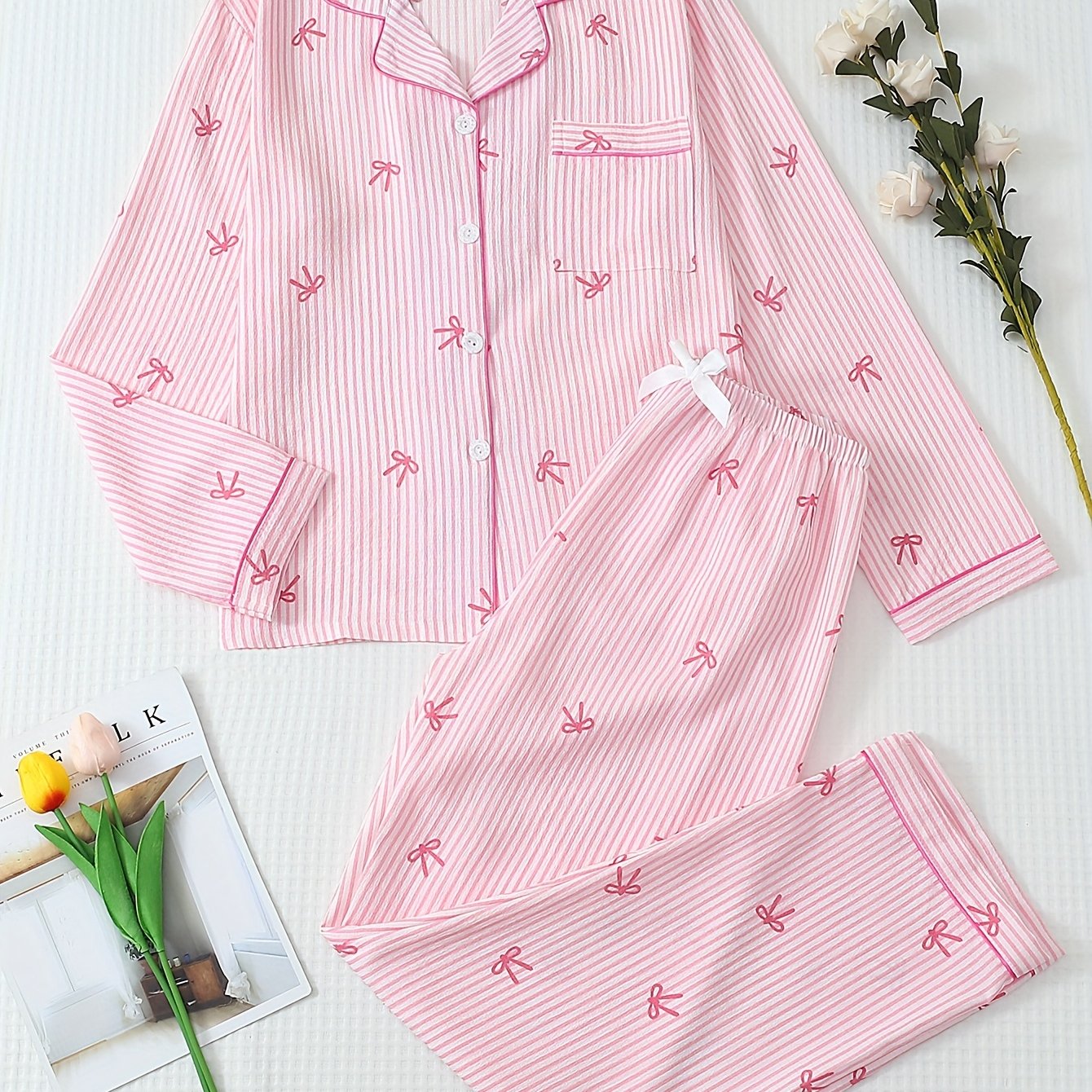 E-shop 2er-Set Damen Herbst- und Winter Streifen Schleife Print Langarm Button-Up Top und Pyjama Loungewear für Zuhause