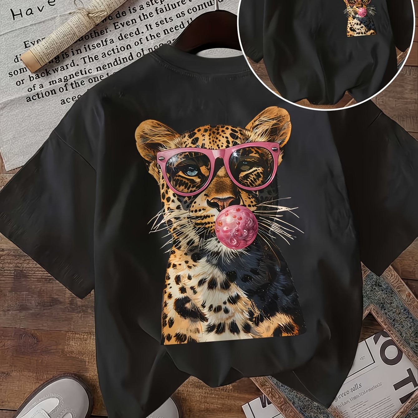TEMU [double-sided Printed] Women's Fashion Top, Ladies Summer Clothing, Trendy Style, Leopard, Sunglasses, Bubblegum Print Round Neck Short Sleeve