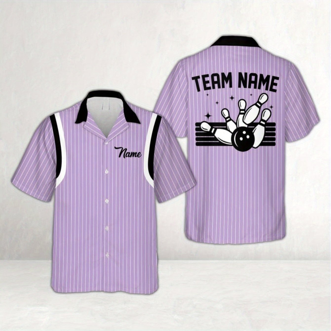 TEMU Personalized Hawaiian-style Bowling Shirts, Customized With Names, Featuring A Vintage Stripe And Button Design, Matching With Bowling Teams And