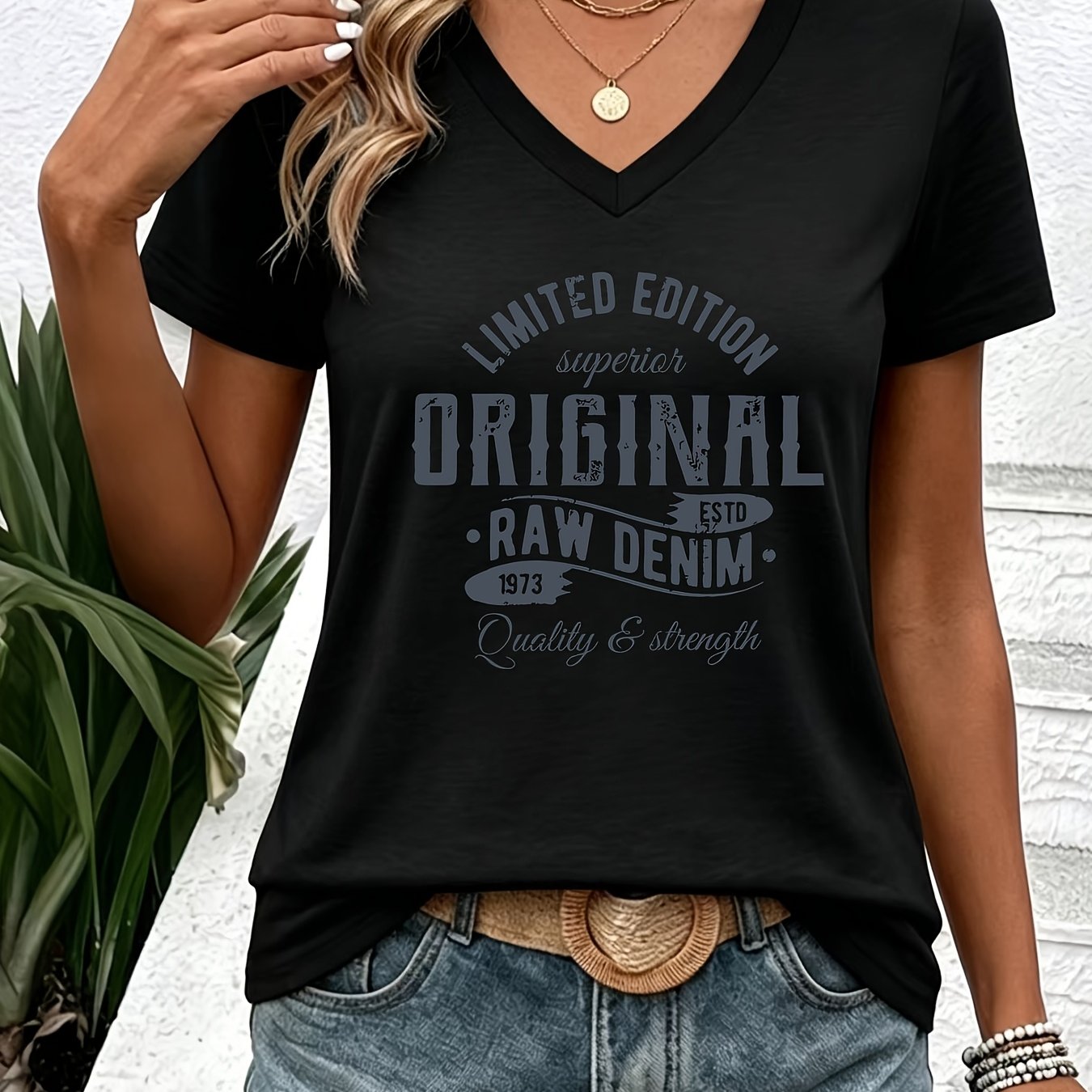 TEMU [printed Pants - Not Denim Fabric]women's V-neck Short-sleeved T-shirt With " Edition Original 1973" Retro Denim Print. Skin-friendly And