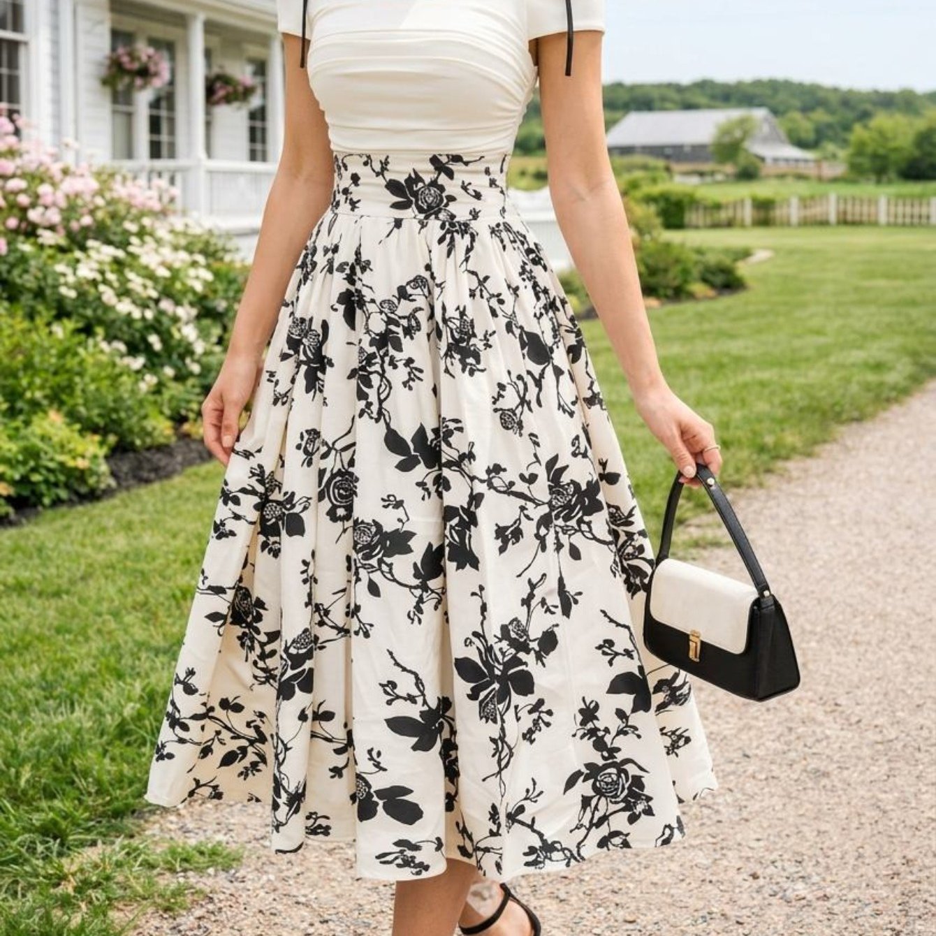 Women's Spring And Summer Black-white Floral Off-shoulder Dress | Gentle Off-shoulder Design, Shoulder Strap Tie Detail, High-waist Flared Skirt, Retro Fresh Elegant Vibe